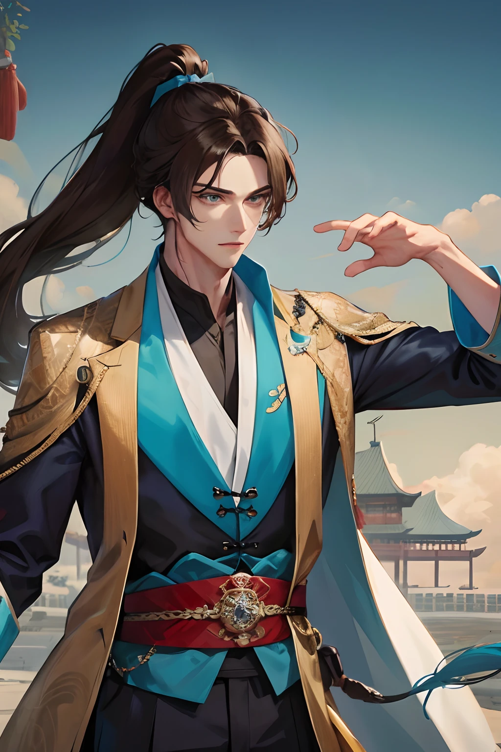 Masterpiece, best quality, daytime, 1 man, mature man, Chinese style, ancient China, Chinese palace, eagle, turquoise brown hair, gray blue eyes, forked hair, long hair, long bangs, high ponytail, handsome, handsome, masculine, serious, gentle, tall, quiet, dark colored clothes, gray blue clothes, dark blue clothes, unicorn pattern, prince, sword, looking down