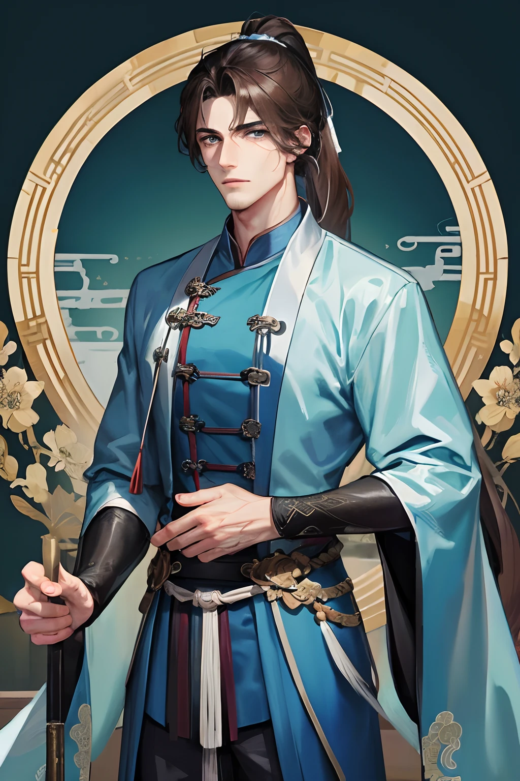 Masterpiece, best quality, daytime, 1 man, mature man, Chinese style, ancient China, Chinese palace, eagle, turquoise brown hair, gray blue eyes, forked hair, long hair, long bangs, high ponytail, handsome, handsome, masculine, serious, gentle, tall, quiet, dark colored clothes, gray blue clothes, dark blue clothes, unicorn pattern, prince, sword, looking down