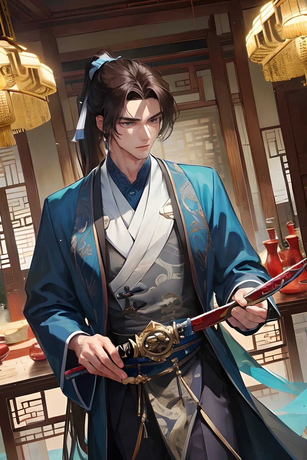 Masterpiece, best quality, daytime, 1 man, mature man, Chinese style, ancient China, Chinese palace, eagle, turquoise brown hair, gray blue eyes, forked hair, long hair, long bangs, high ponytail, handsome, handsome, masculine, serious, gentle, tall, quiet, dark colored clothes, gray blue clothes, dark blue clothes, unicorn pattern, prince, sword, looking down