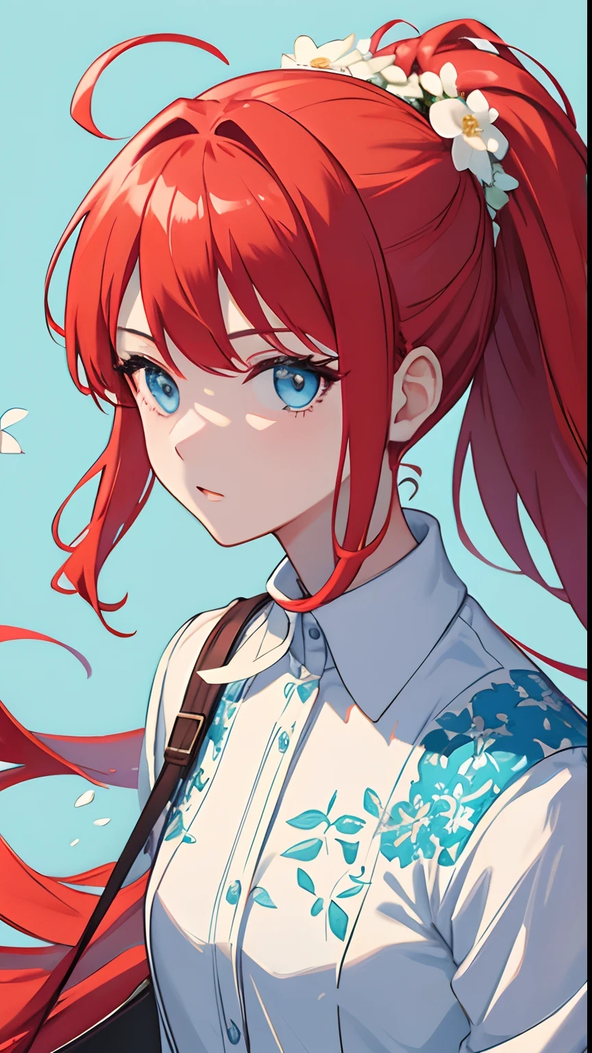 (Strong)(Red hair)(masterpiece), (best quality), (ultra detailed),(disheveled hair),(illustration), (1girl), (Fashionable clothing), standing, Fashion model, looking at viewer, (interview), (simple background),beautiful detailed eyes, delicate beautiful face, Floating,(high saturation),(colorful splashes),colorful bubble,(shining), focus on face, ponytail, kamisato ayaka, light blue hair, bangs, hair ring, floating flowers, floating hairs, (shining), best lighting, best shadow,