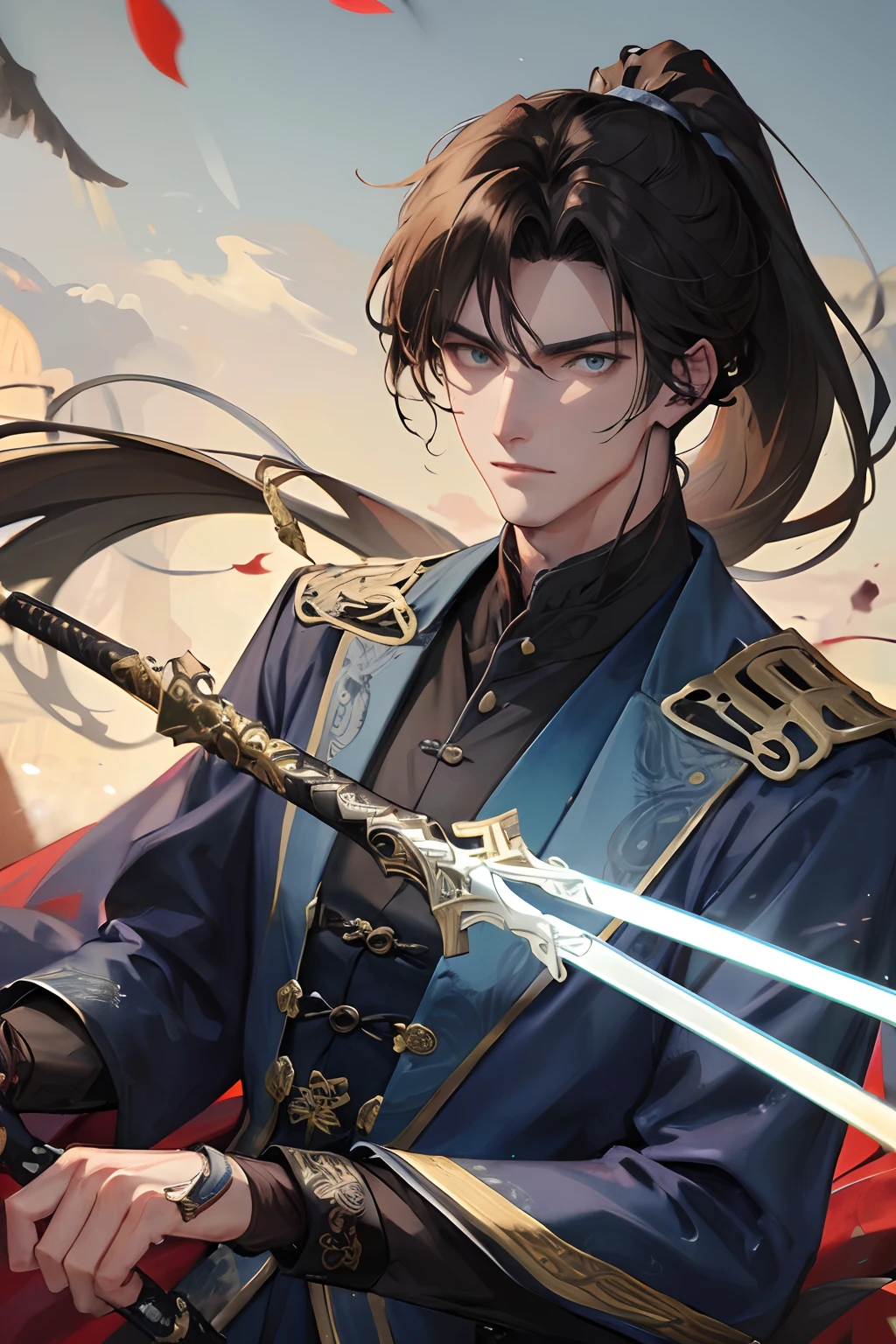 Masterpiece, Best Quality, Night, 1 Man, Mature Man, Chinese Style, Ancient China, Chinese Palace, Eagle, Green Brown Hair, Grey Blue Eyes, Split Hair, Long Hair, Long bangs, High ponytail, Handsome, handsome, masculine, serious, gentle, tall, quiet, dark colored clothing, gray blue clothing, dark blue clothing, Kirin pattern, Prince, Sword, Outdoor, Branch, Blade Light, Sword Shadow, Fighting