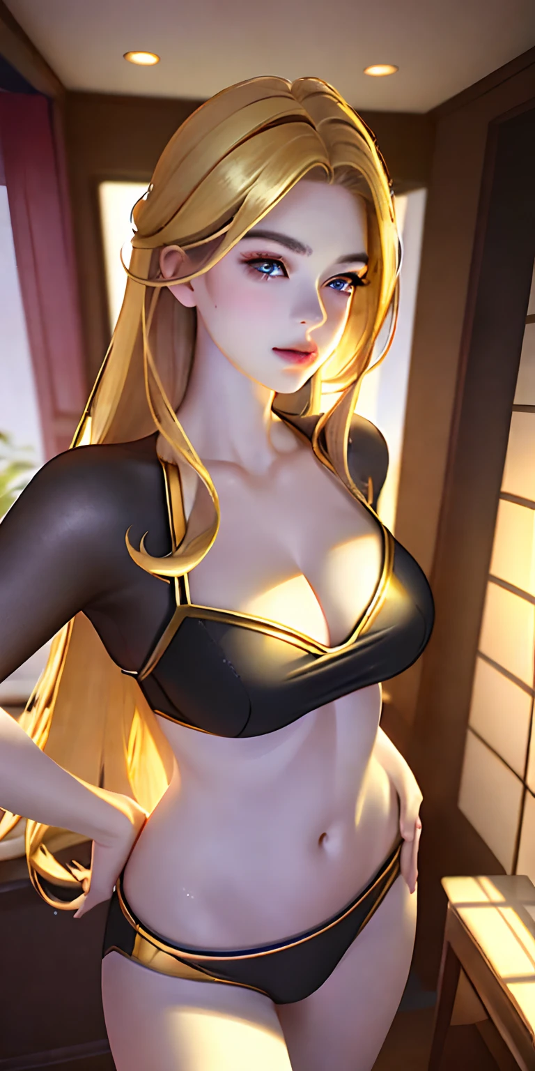(photorealistic:1.4), (masterpiece, sidelighting, finely detailed beautiful eyes: 1.2), masterpiece*portrait, realistic, 3d face, glowing eyes, shiny hair, lustrous skin, solo, embarassed, (midriff), black underwear, blonde hair,