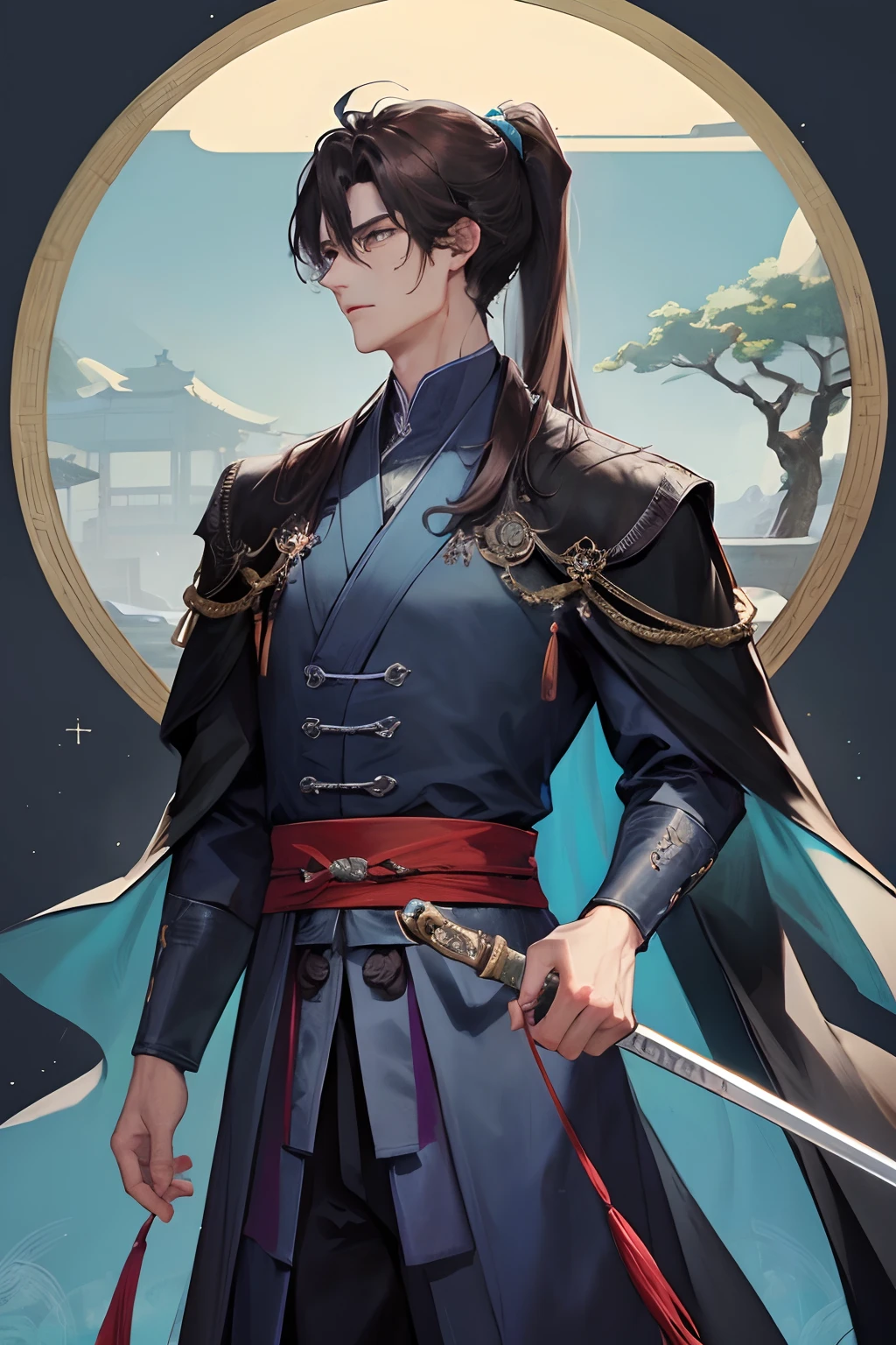 Masterpiece, best quality, night, night, moon, 1 man, mature man, Chinese style, ancient China, Chinese palace, turquoise brown hair, gray blue eyes, forked hair, long hair, long bangs, high ponytail, handsome, masculine, serious, gentle, tall, quiet, dark clothes, gray blue clothes, dark blue clothes, unicorn pattern, outdoor, cloak, cloak, branches, sword light and shadow, fighting