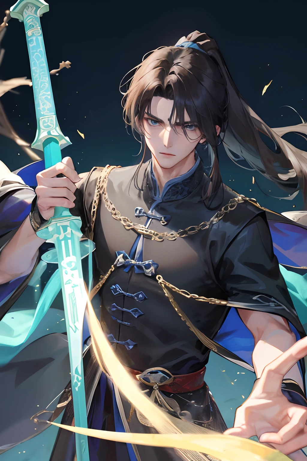 Masterpiece, best quality, night, night, moon, 1 man, mature man, Chinese style, ancient China, Chinese palace, turquoise brown hair, gray blue eyes, forked hair, long hair, long bangs, high ponytail, handsome, masculine, serious, gentle, tall, quiet, dark clothes, gray blue clothes, dark blue clothes, unicorn pattern, outdoor, cloak, cloak, branches, sword light and shadow, fighting