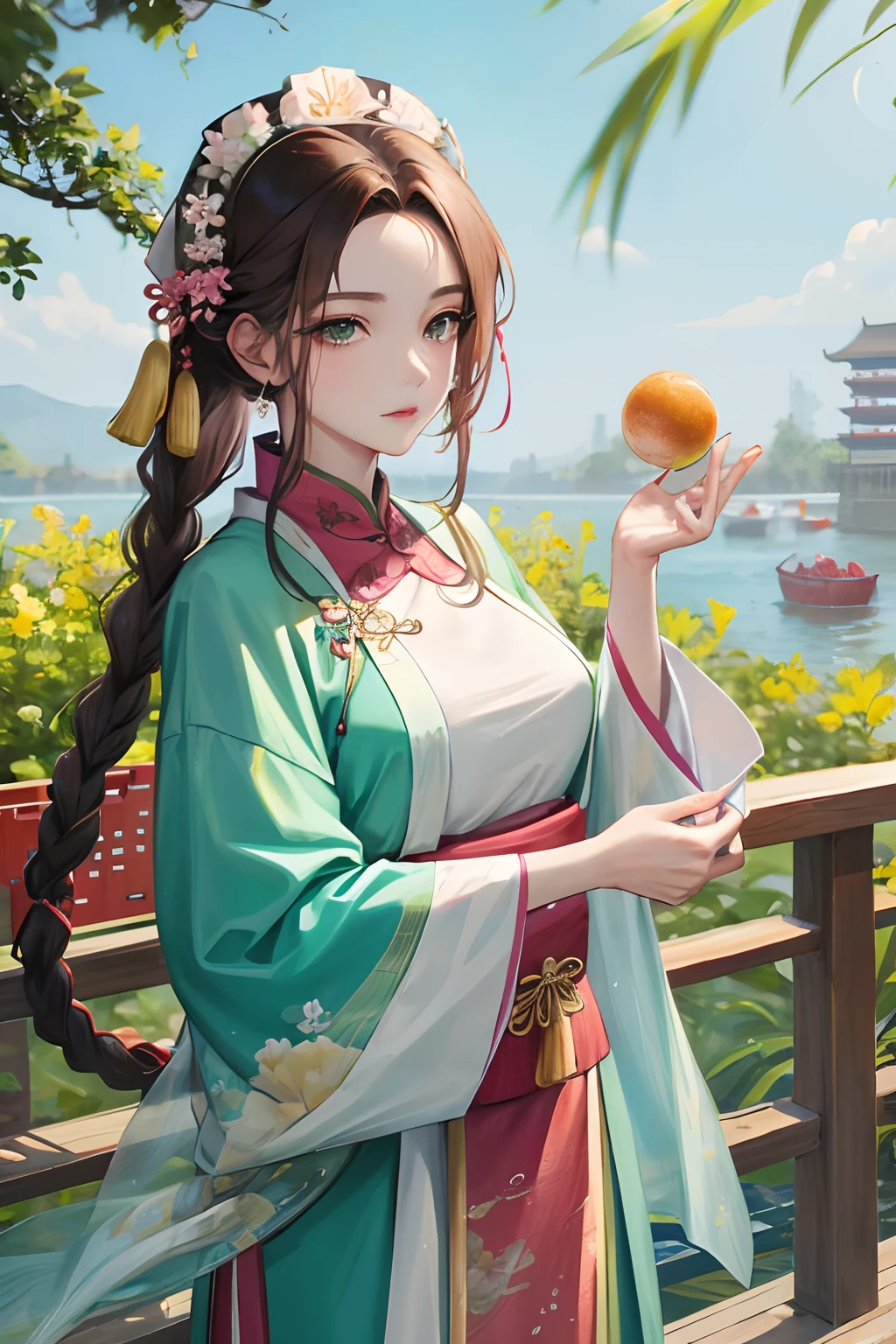 Masterpiece, best quality, daytime, outdoor, waterside, festival, celebration, one woman, mature woman, Chinese style, ancient China, sister, imperial sister, cold expression, expressionless face, dark brown hair, green eyes, single Fried Dough Twists braid, coiled hair, double ball head, light pink lips, calm, intellectual, Chinese distribution, hairpin, doctor, herbal medicine