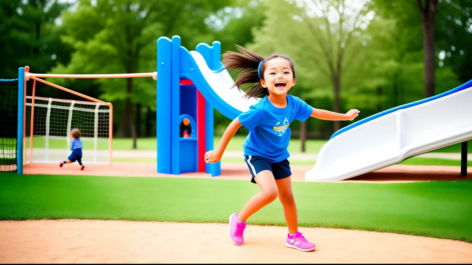 On the  playground, children are playing. A little boy ibing up the slide, gripping the handle tightly as he slowly ascends. When he reaches the top, he exclaims, "I did it!" and slides down with a cheerful laugh. A little girl is runflailing her arms joyfully as she races around. She greets her friends and feels the warmth of the sun and the garden around her. On the grass, a group of kids are playing soccer, focused and attentive, vying for the ball. One child tries to score a goal and everyone chases after it, creating a lively scene. In the toy area, a young girl plays in the sandbox, building one beautiful castle after another. Beside her, a little boy rotates and sn a toy car, laughing happily as his hair flies through the air. The entire playground is full of childhood joy, stimulating the imaginations and creativity of each child.