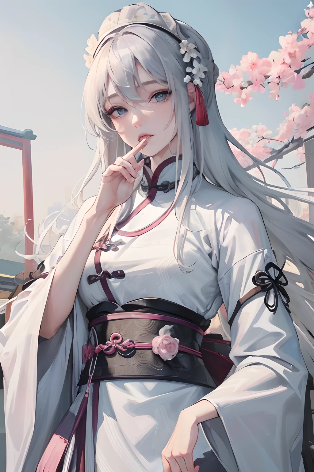 Masterpiece, Best Quality, Day, Outdoor, Festivals, Celebrating, 1 Girl, Mature Woman, Chinese Style, Ancient China, Sister, Royal Sister, Cold expression, expressionless face, Silver white long haired woman, Grey blue eyes, long hair, light pink lips, white clothing, calm, intellectual, three belts, play, eat