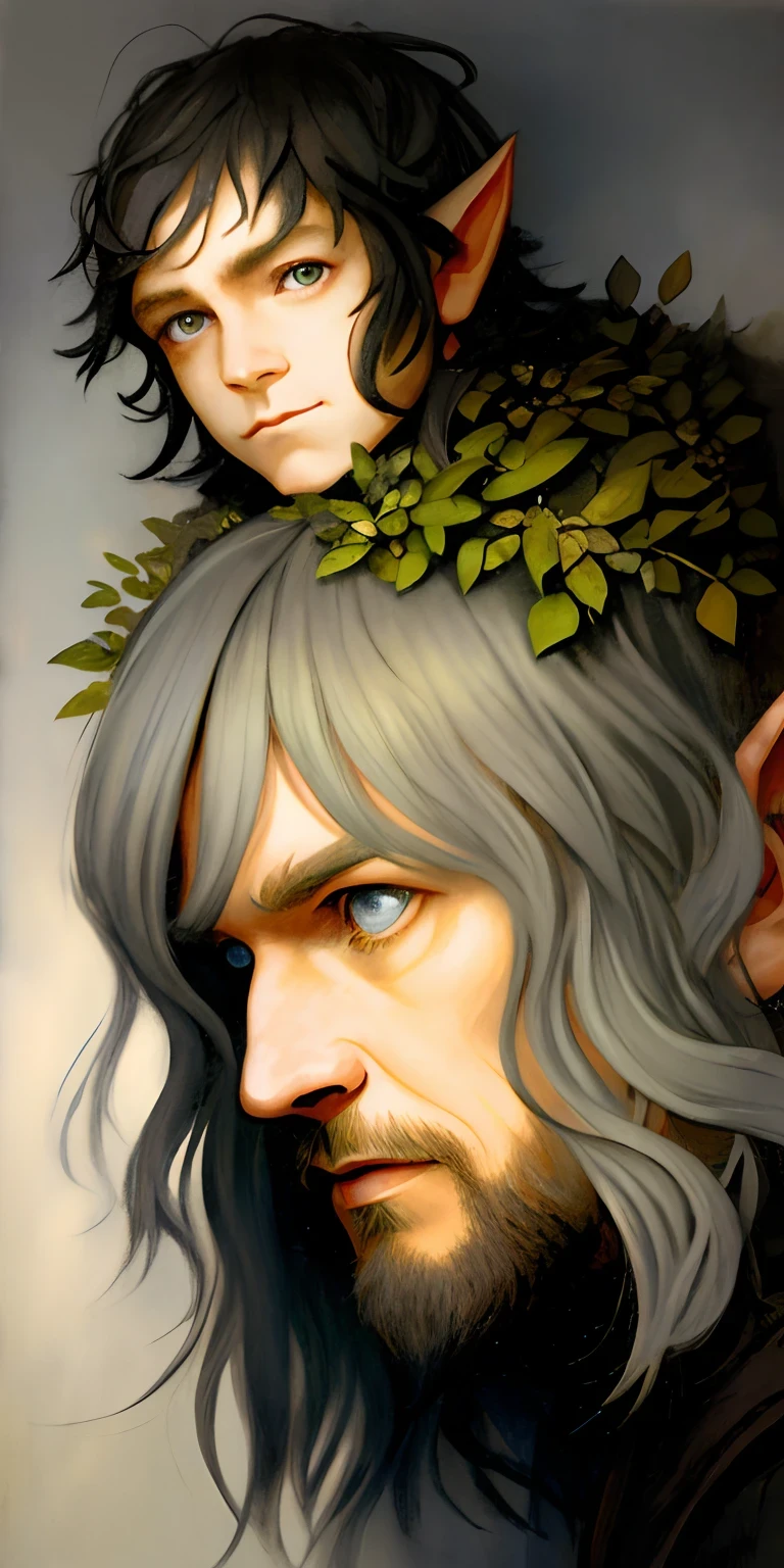 Halfling detailed ((dnd druid man portrait)), Continued , HD, (oil painting:1.1), （inked outline:1.3), Stunning, Character, Portrait, (((Looking Sideways))), angular features, (darkgrey Graduated Bob Hair), (muted natural colors:1.3) in painterly style by Jean Baptiste Monge ,Dark black pupils, bronze skin, full body portrait, 2.6 feet tall, young, Surrounded by wild animals, with a faint green glow, short hair, and no beard