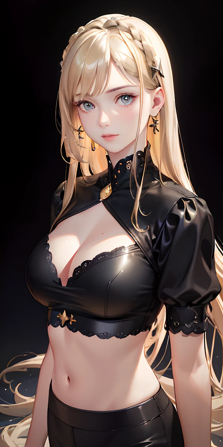 (photorealistic:1.4), (masterpiece, sidelighting, finely detailed beautiful eyes: 1.2), masterpiece*portrait, realistic, 3d face, glowing eyes, shiny hair, lustrous skin, solo, embarassed, (midriff), black underwear, blonde hair