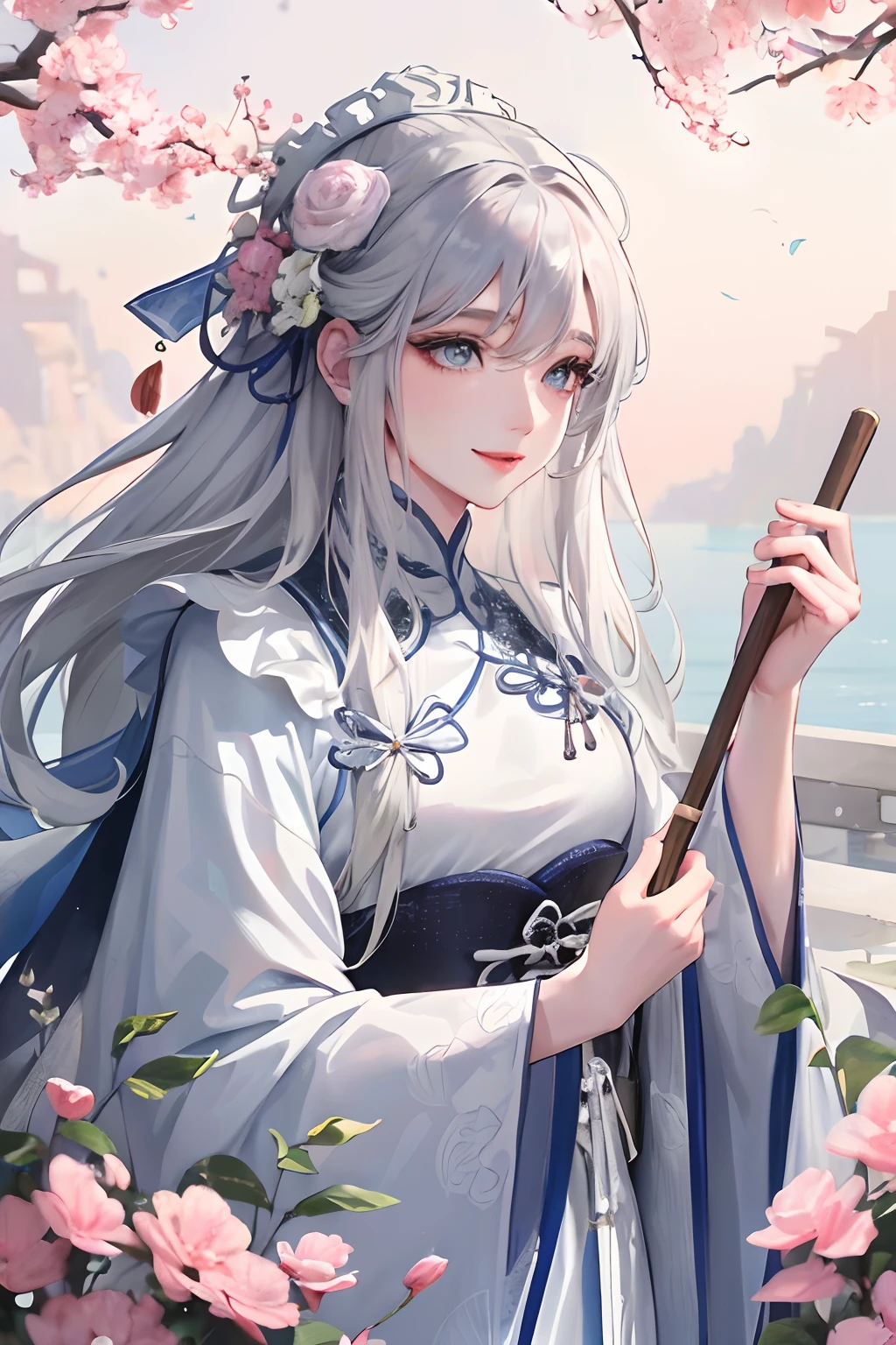 Masterpiece, Best Quality, Day, Outdoor, Festivals, Celebrating, 1 Woman, Solo, Mature Woman, Mature, Chinese Style, Ancient China, Sister, Royal Sister, Happy, Smiling, Silver White Long haired Woman, Grey Blue Eyes, Shawl, Bangs, Light Pink Lips, White Clothing,