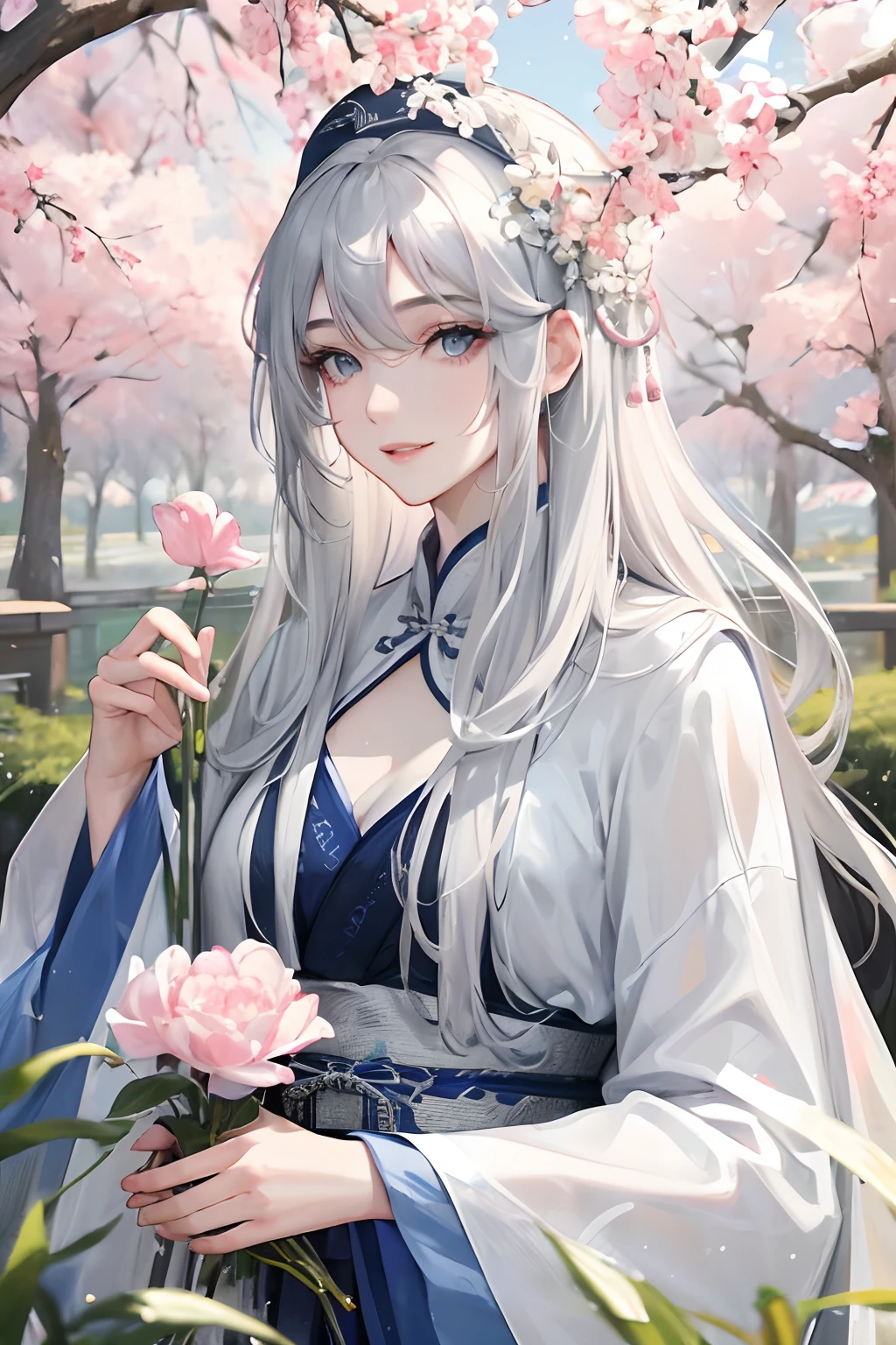 Masterpiece, Best Quality, Day, Outdoor, Festivals, Celebrating, 1 Woman, Solo, Mature Woman, Mature, Chinese Style, Ancient China, Sister, Royal Sister, Happy, Smiling, Silver White Long haired Woman, Grey Blue Eyes, Shawl, Bangs, Light Pink Lips, White Clothing,