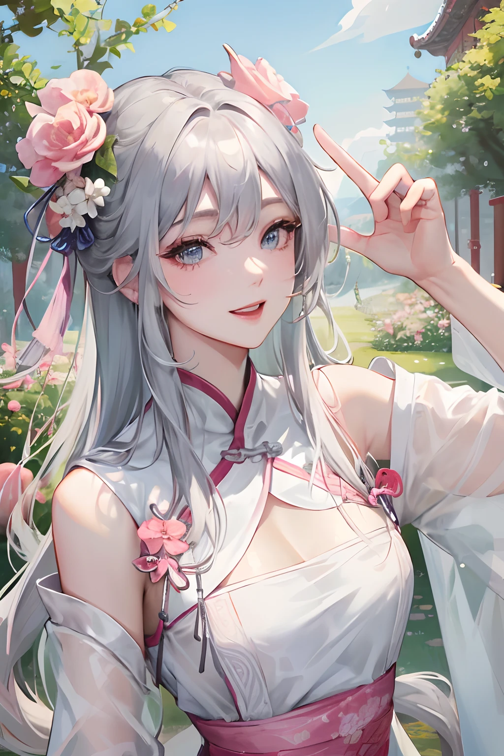Masterpiece, Best Quality, Day, Outdoor, Festivals, Celebrating, 1 Woman, Solo, Mature Woman, Mature, Chinese Style, Ancient China, Sister, Royal Sister, Happy, Smiling, Silver White Long haired Woman, Grey Blue Eyes, Shackled Hair, Bangs, Pink Peach Blossom on Head, Light Pink Lips, White Clothing,