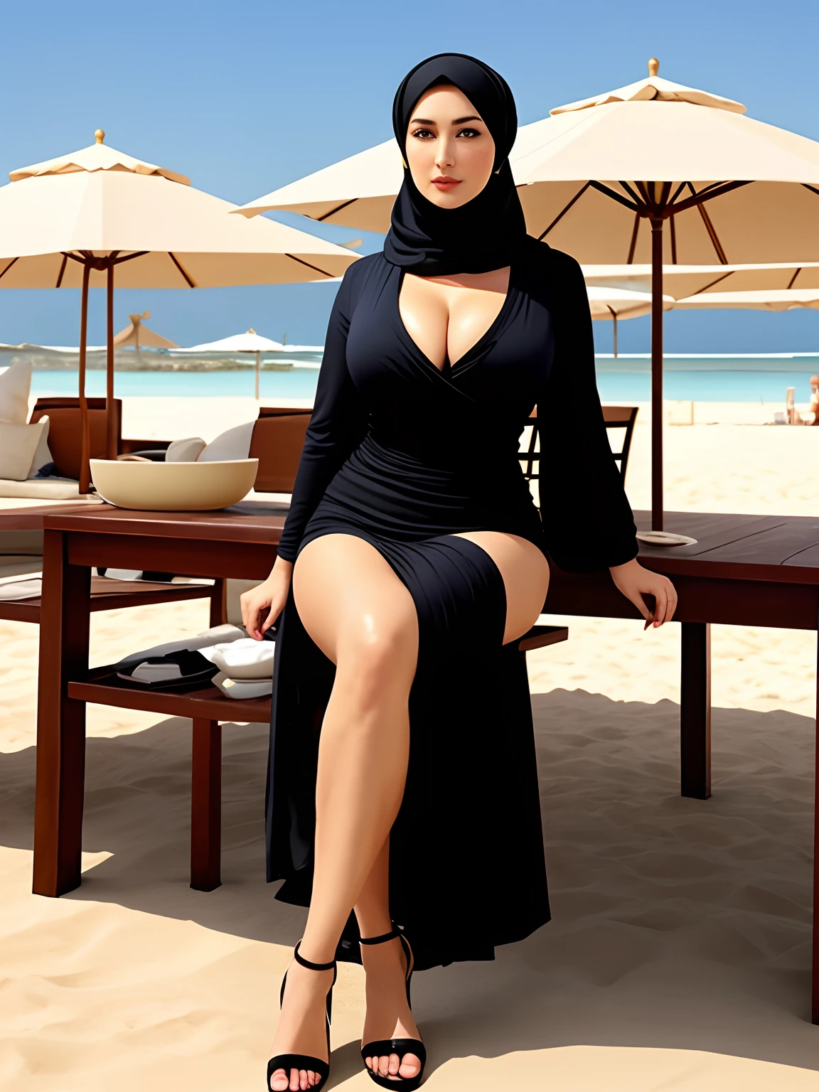 Monica Bellucci wears a Middle Eastern hijab.  , Arabian scarf, black stockings on the legs, low-cut dress, leaky breasts, cleavage, buttocks, big buttocks, eating at the beach, legs up at the table, plump body European and American face, plump and not sagging, fair, small face, height 190cm,,,  Movie light, 4k. Breasts conform to oriental aesthetics, female genitalia looming