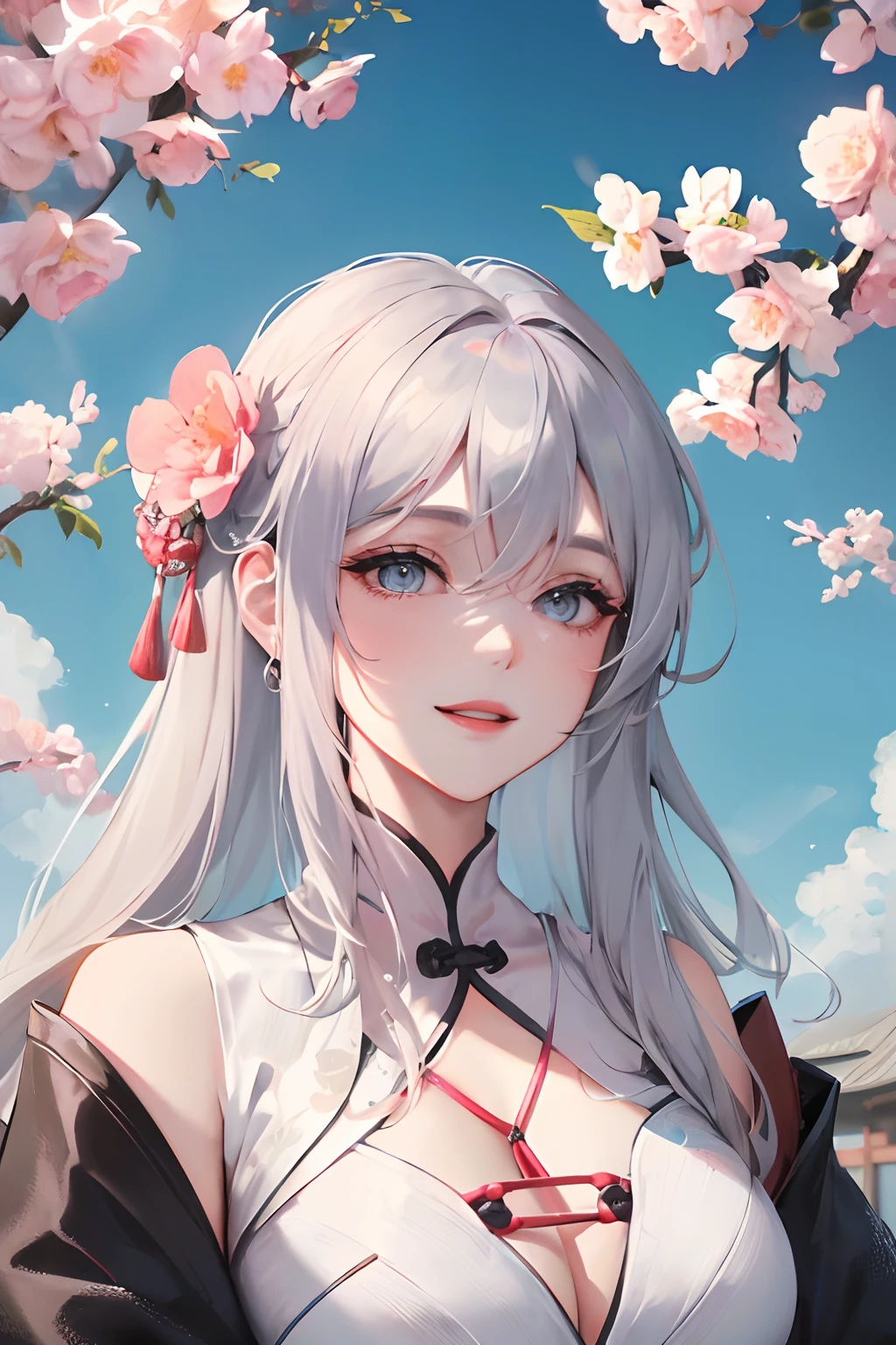 Masterpiece, Best Quality, Day, Outdoor, Festivals, Celebrating, 1 Woman, Solo, Mature Woman, Mature, Chinese Style, Ancient China, Sister, Royal Sister, Happy, Smiling, Silver White Long haired Woman, Grey Blue Eyes, Shackled Hair, Bangs, Pink Peach Blossom on Head, Light Pink Lips, White Clothing,