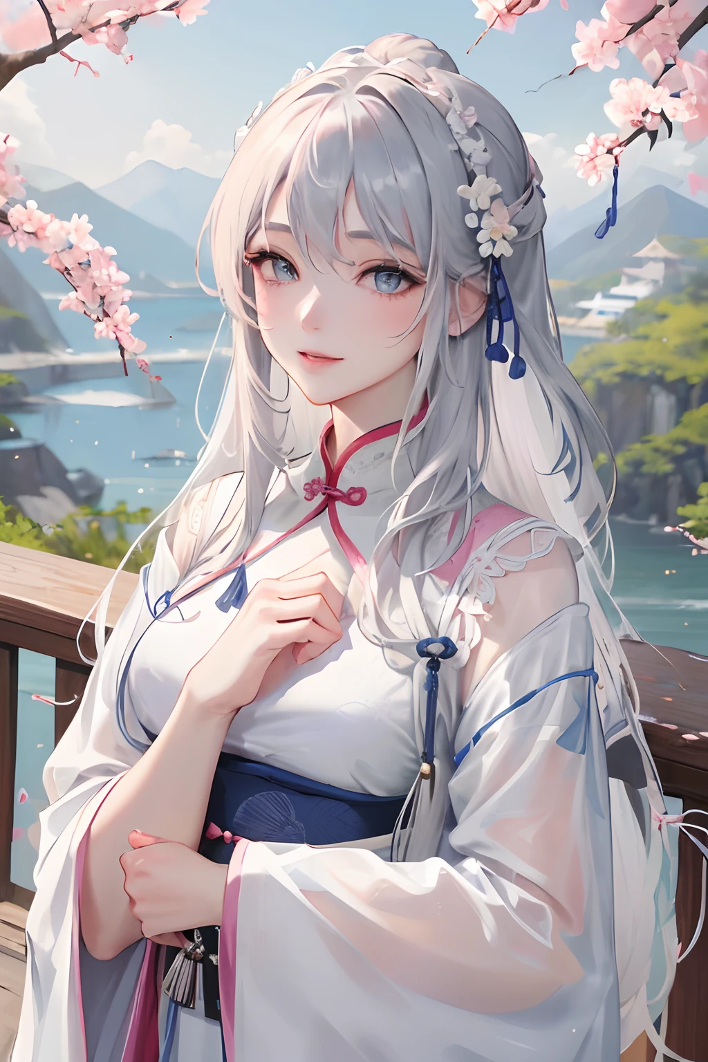 Masterpiece, Best Quality, Day, Outdoor, Festivals, Celebrating, 1 Woman, Solo, Mature Woman, Mature, Chinese Style, Ancient China, Sister, Royal Sister, Happy, Smiling, Silver White Long haired Woman, Grey Blue Eyes, Shackled Hair, Bangs, Pink Peach Blossom on Head, Light Pink Lips, White Clothing,