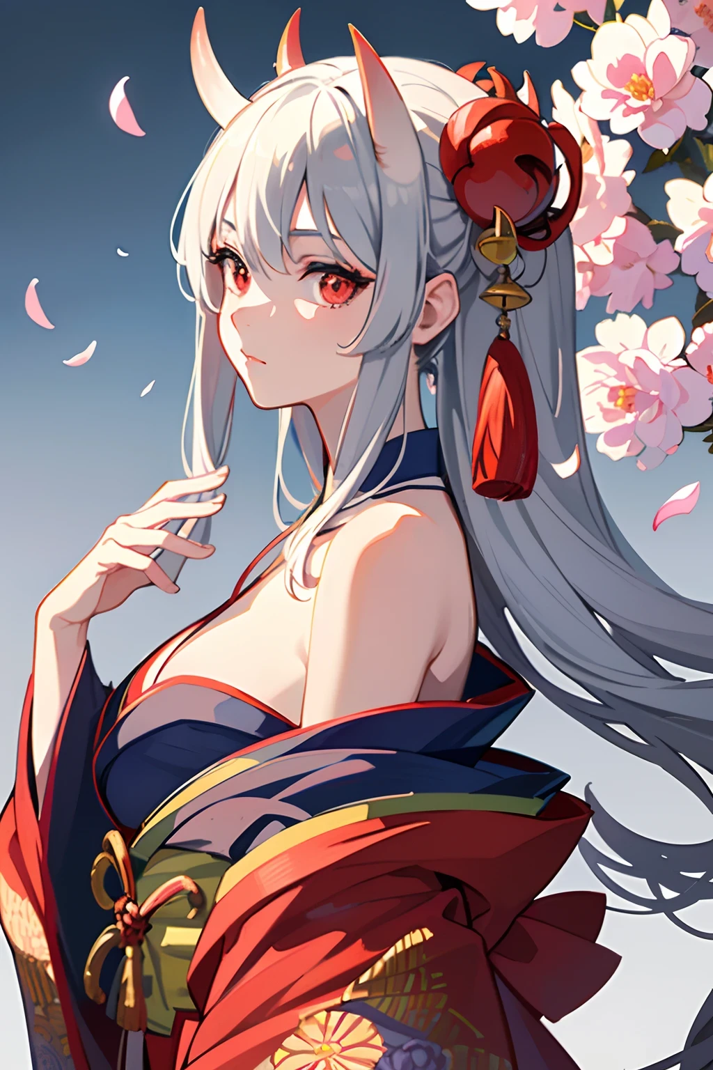(masterpiece:1.2, best quality), (finely detailed beautiful eyes: 1.2), ((1girl)), ((solo)), (red eyes:1.4), (finely detailed eyes and detailed face:1.3), (beautiful and clear background:1.2), (extremely detailed CG, ultra-detailed, best shadow:1.1), ((depth of field)), ((watercolor)), (oni:1.5), (kimono:1.3), large breasts, bare shoulders, flowers and petals, beautiful concept illustration, (white background:0.5), (illustration:1.1), (extremely fine and beautiful:1.1), (perfect details:1.1), from side, cowboy shot,