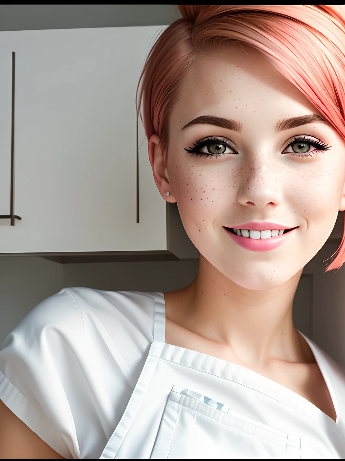 a closeup portrait of a playful maid, undercut hair, apron, amazing body, pronounced feminine feature, busty, kitchen, [ash blonde | ginger | pink hair], freckles, flirting with camera