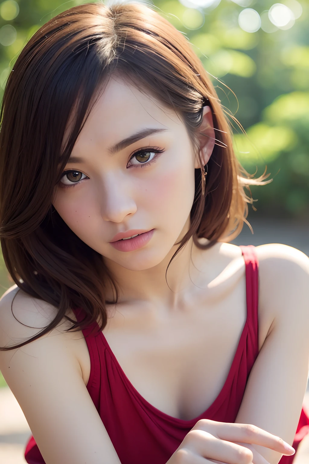 good hand,4k, high-res, masterpiece, best quality, head:1.3, (Japanese idol), finely detailed skin, sharp focus, (cinematic lighting), collarbone, morning, soft lighting, medium hair, dynamic angle, [:(detailed face:1.2):0.3], armpit crease, thigh gap, red clothes, slender, outdoors