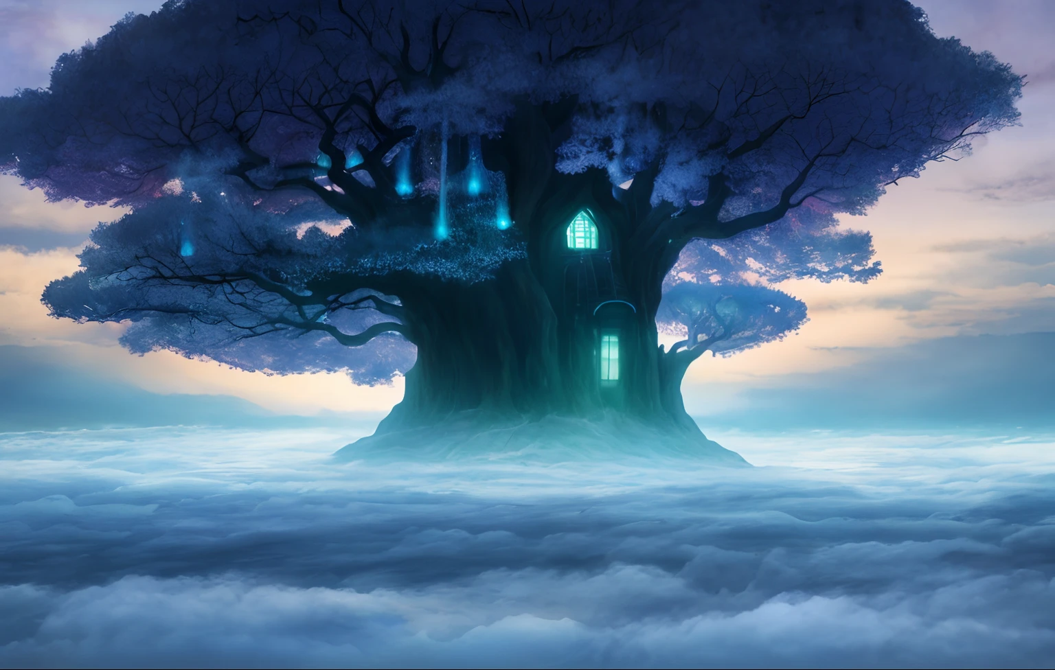 scenery, Digital painting of a surreal landscape featuring a giant tree with a house built into its trunk, surrounded by a sea of clouds. The scene is lit by a bright full moon and the tree's branches are adorned with glowing lanterns. The overall style is a mix of Caspar David Friedrich and Hayao Miyazaki's artistic styles