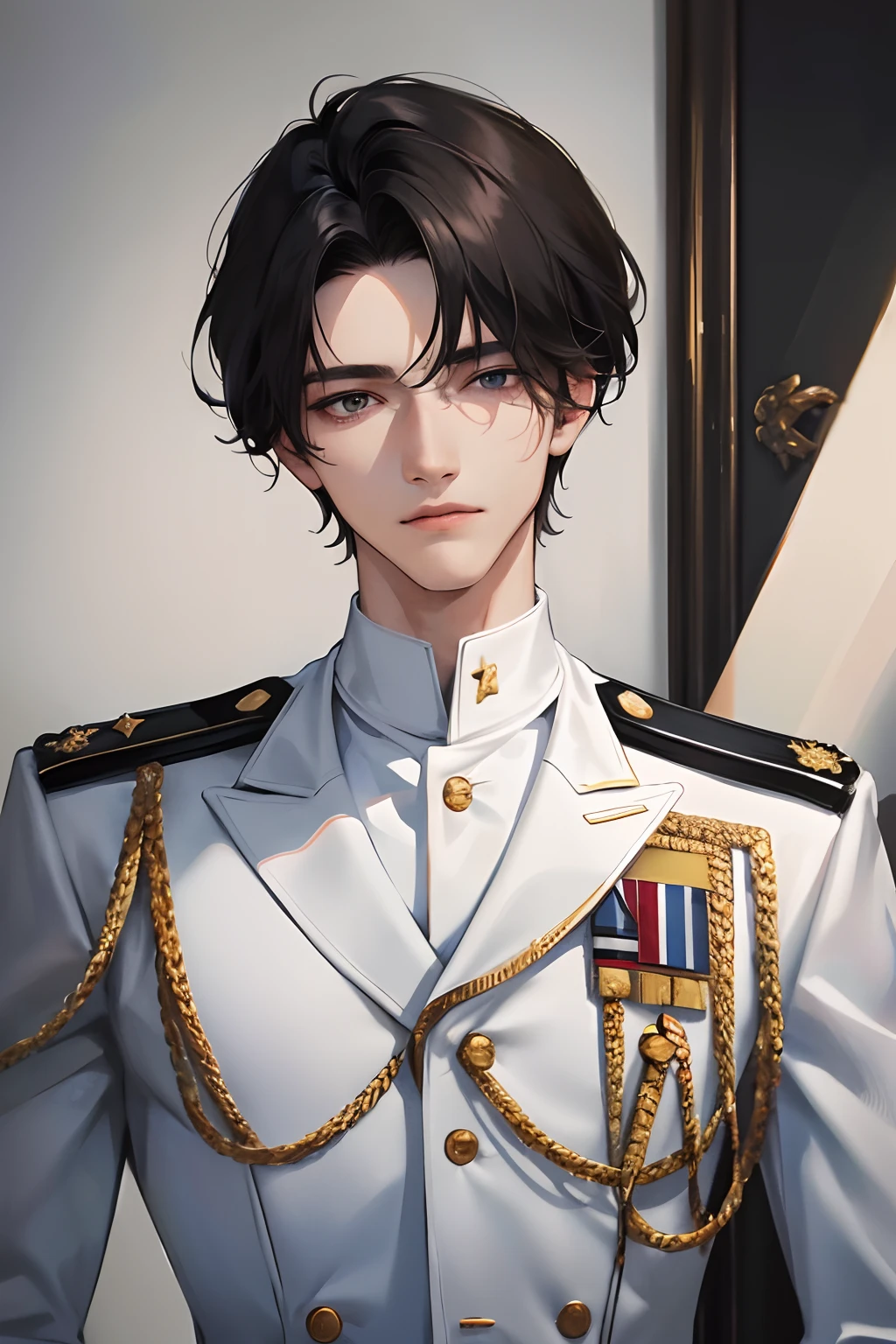 (Highest resolution, distinct_image) A man of the best quality, masterpiece, highly detailed, semi realistic, black short haired man, with center hair, 18 years old, young, tall and strong, pure white clothes, white uniforms, military uniforms, military academy, unruly, unrestrained, handsome, authoritarian, powerful aura, fine facial features, facial details,
