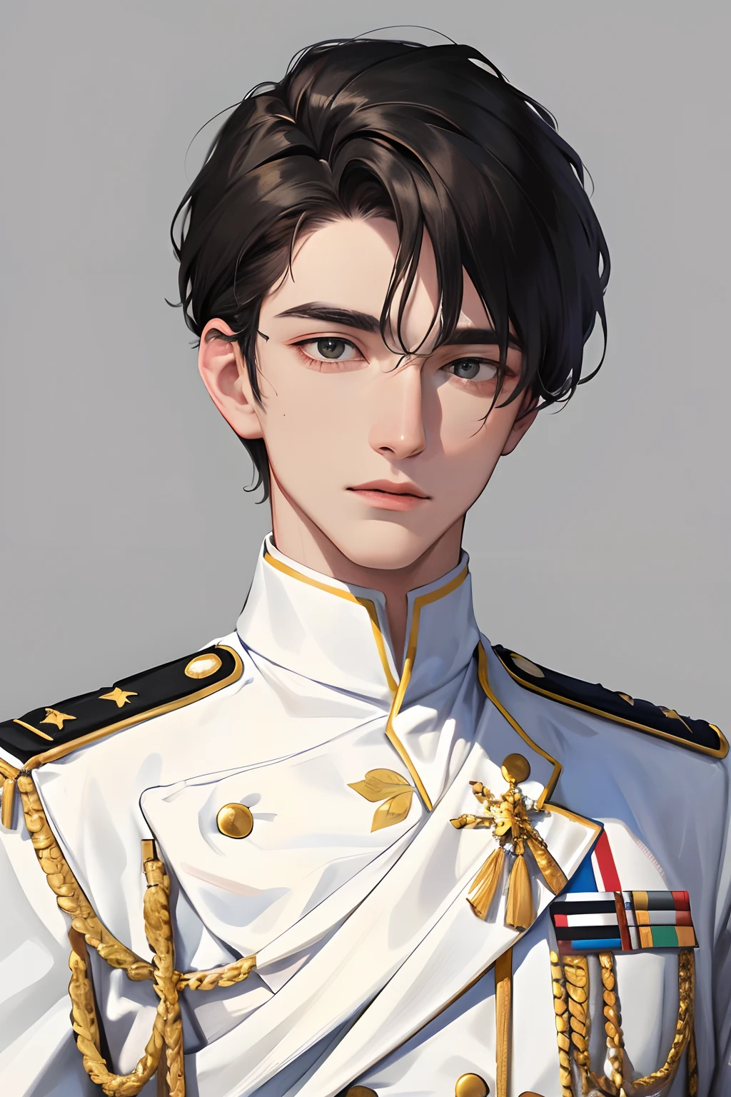 (Highest resolution, distinct_image) A man of the best quality, masterpiece, highly detailed, semi realistic, black short haired man, with center hair, 18 years old, young, tall and strong, pure white clothes, white uniforms, military uniforms, military academy, unruly, unrestrained, handsome, authoritarian, powerful aura, fine facial features, facial details,