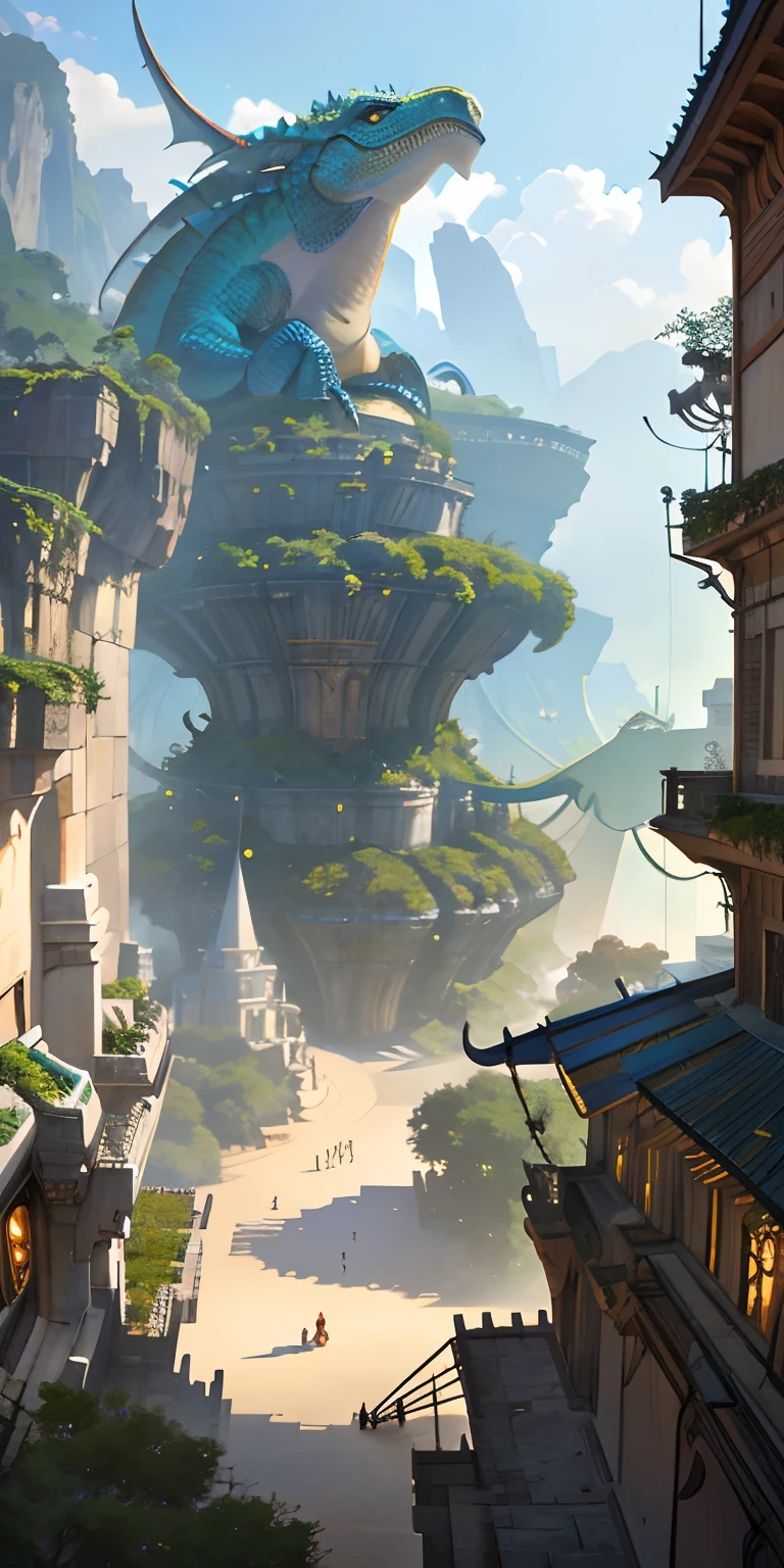 A stunning Warhammer Fantasy Battles concept art of a grand and sprawling Lizardmen city, surrounded by a dense jungle canopy. The image showcases intricate architecture, busy markets, and bridges draped with lush vines. Art by Adrian Smith, Kevin Chin, and Paolo Parente.