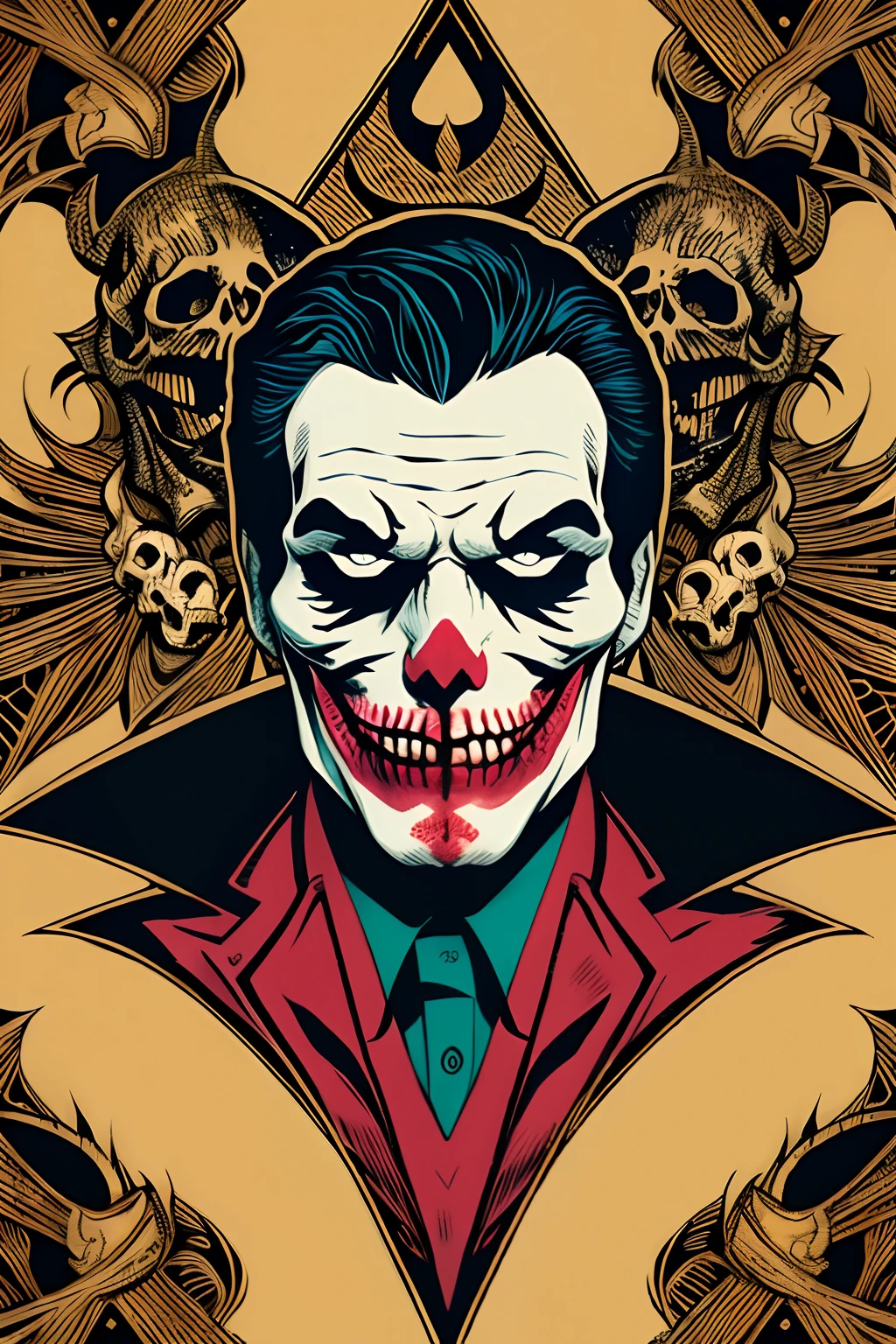 Flyer, mix of Joker and Skull, Mexican decoration, Satan,
vector flat, gold, black, 
Aaron Horkey, 
masterpiece, ultra high res, high quality,