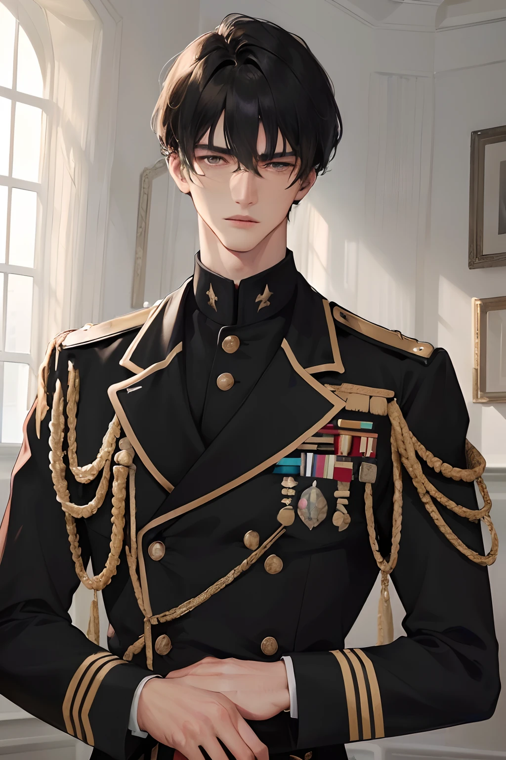 (highest resolution, distinct_image) The best quality, a man, masterpiece, highly detailed, semi realistic, black short hair, black hair, bangs, 18 years old, mature, young, tall and strong, black clothing, black uniform, military uniform, military academy, indoor background, cold, serious, tall and cold, handsome, authoritative, powerful,