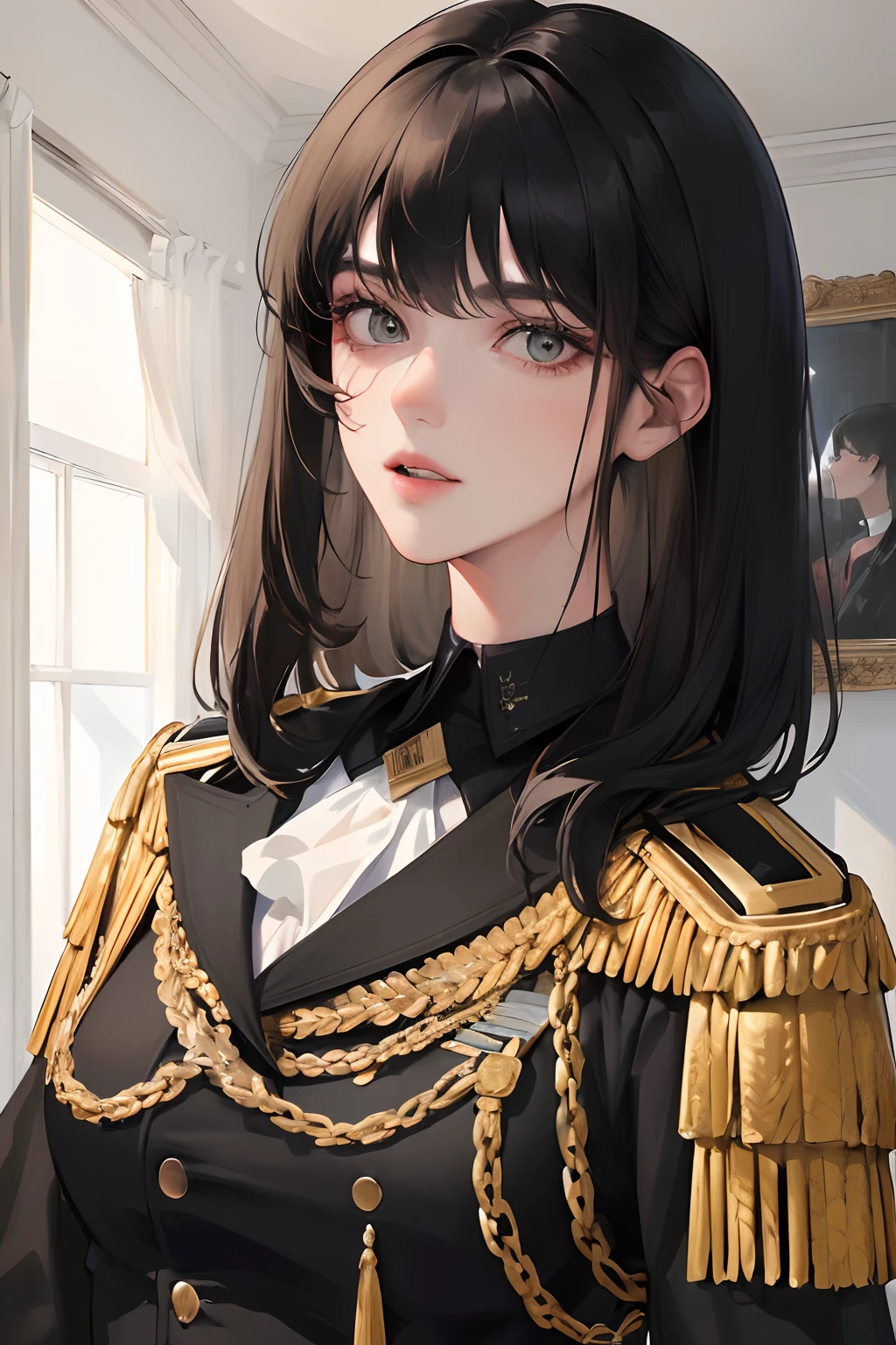 (highest resolution, distinct_image) The best quality, a woman, masterpiece, highly detailed, semi realistic, black short hair, black hair, bangs, 21 years old, shoulder length hair, mature, young, black clothing, black uniform, military uniform, military academy, beautiful, heroic, heroic, indoor background, delicate and delicate facial features