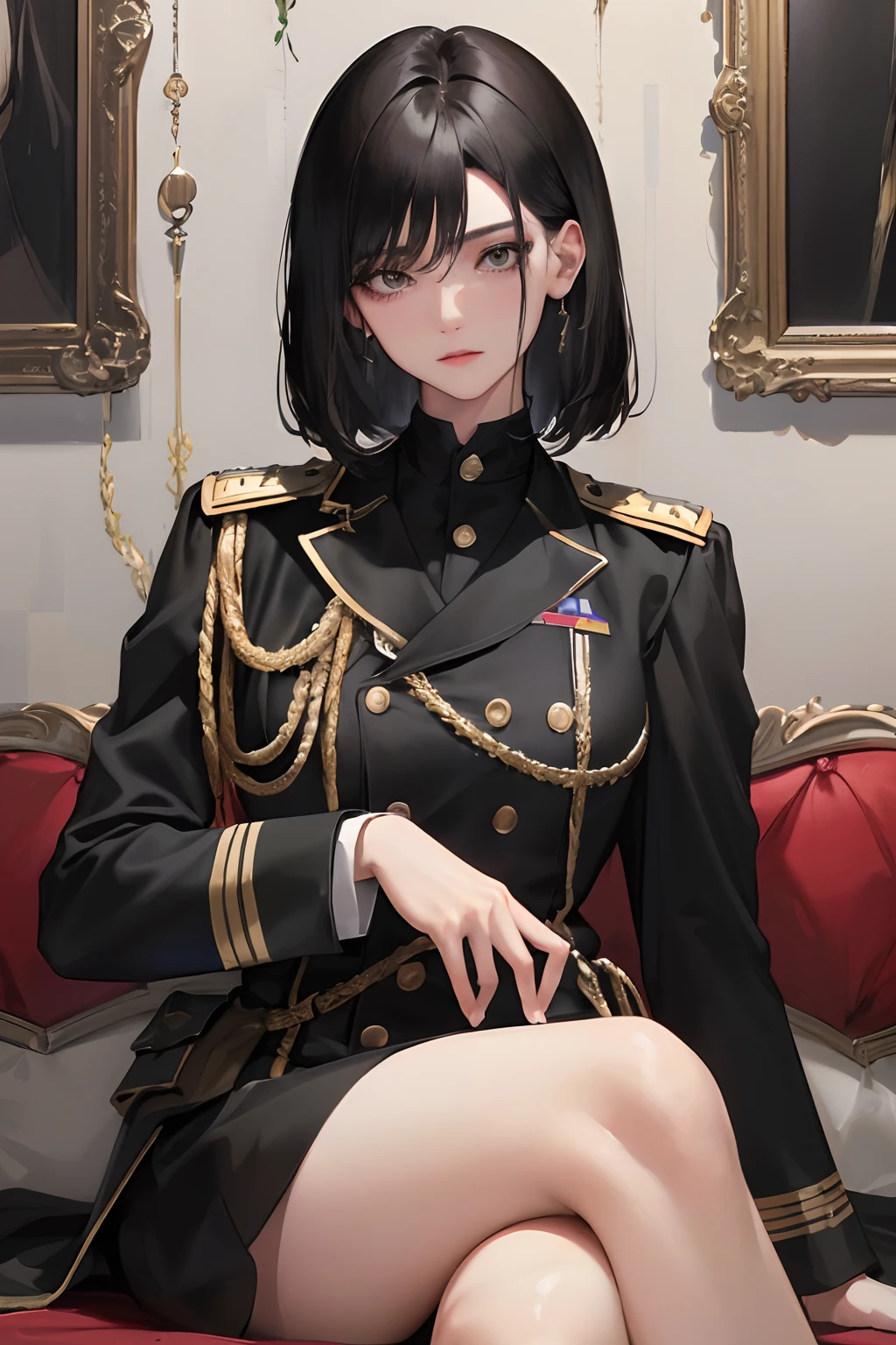 (highest resolution, distinct_image) The best quality, a woman, masterpiece, highly detailed, semi realistic, black short hair, black hair, bangs, 21 years old, shoulder length hair, mature, young, black clothing, black uniform, military uniform, military academy, beautiful, heroic, heroic, indoor background, delicate and delicate facial features