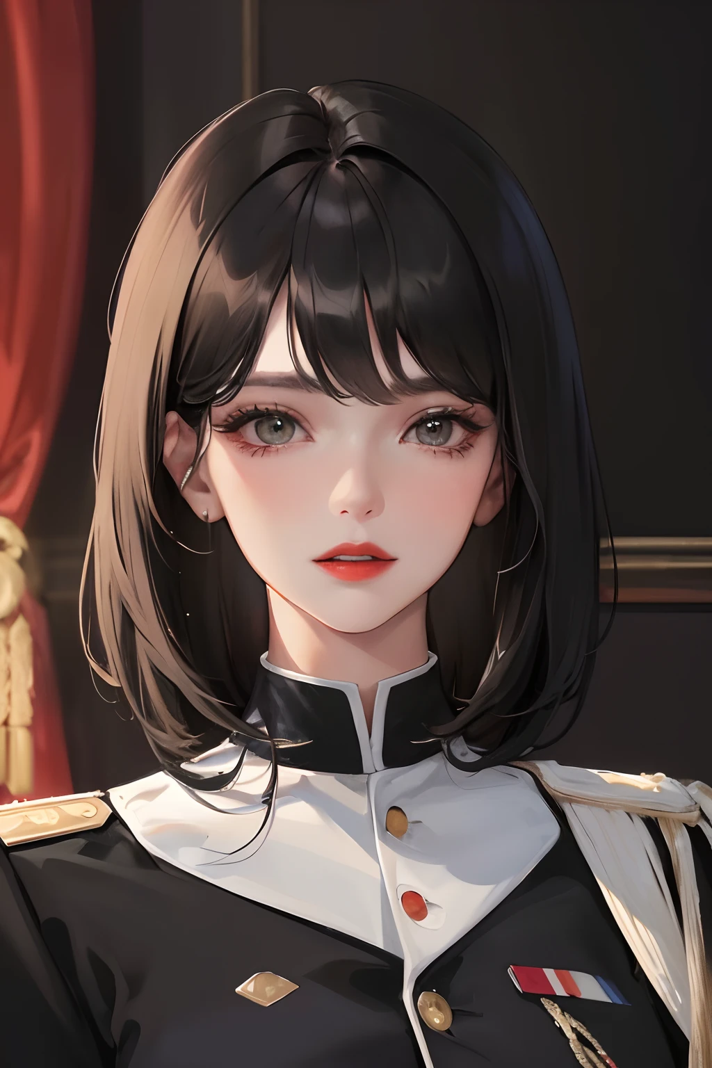 (highest resolution, distinct_image) The best quality, a woman, masterpiece, highly detailed, semi realistic, black short hair, black hair, bangs, 21 years old, shoulder length hair, mature, red lips, black clothes, black uniforms, military uniforms, military academies, beautiful, heroic, heroic, indoor background, delicate face, delicate face