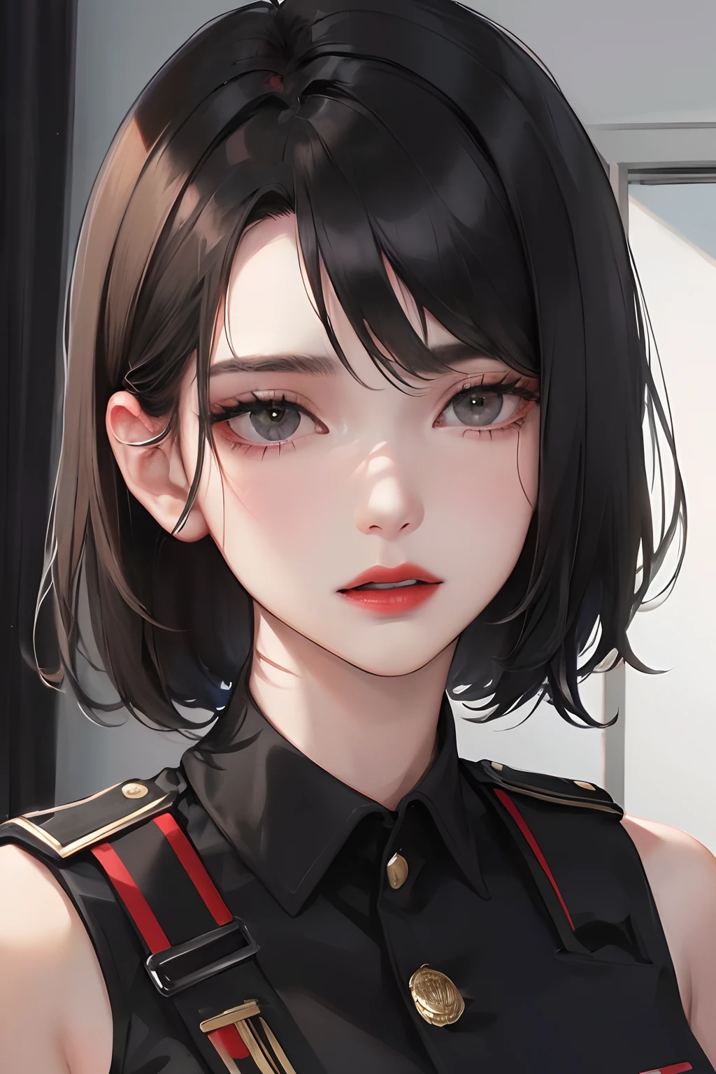 (highest resolution, distinct_image) The best quality, a woman, masterpiece, highly detailed, semi realistic, black short hair, black hair, bangs, black eyes, 21 years old, shoulder length hair, mature, red lips, black clothes, black uniforms, military uniforms, military academies, beautiful, heroic, heroic, indoor background, delicate facial features, delicate facial features