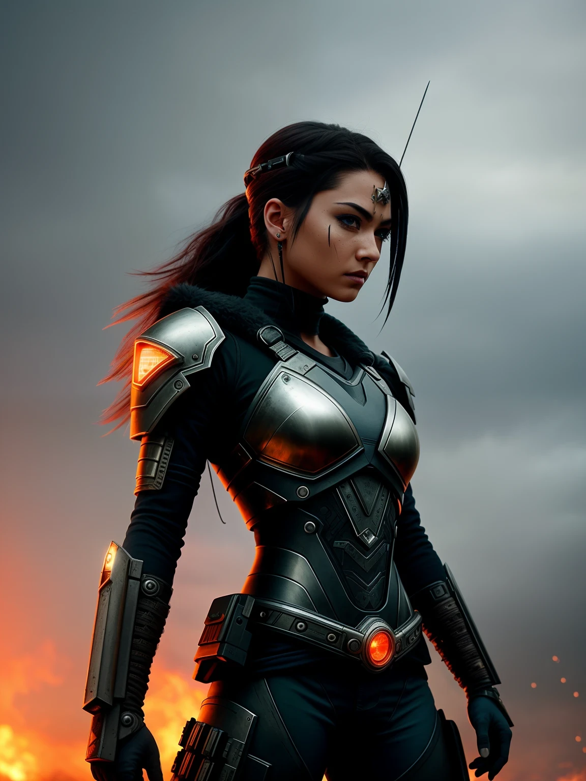 "An intricately detailed cinematic shot of a post-apocalyptic warrior, featuring a cyborg element with enhanced details. Adding to the visual appeal is a unique and detailed tail or wire accessory, all framed by a dramatic HDR effect. The vignette effect draws the viewer's attention towards the perfectly centered figure, making for a hyper-detailed imagery."