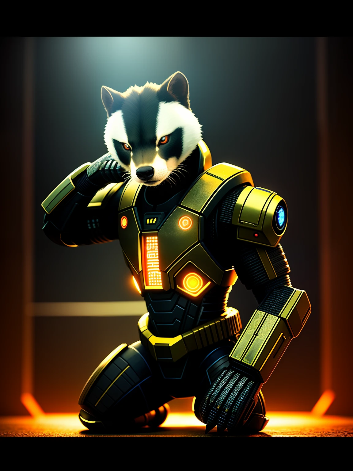 An aggressive honey badger with cybernetic enhancements, intricate details, hyperdetailed visuals, HDR lighting, cinematic camera angle, vignette effect, and centered framing.