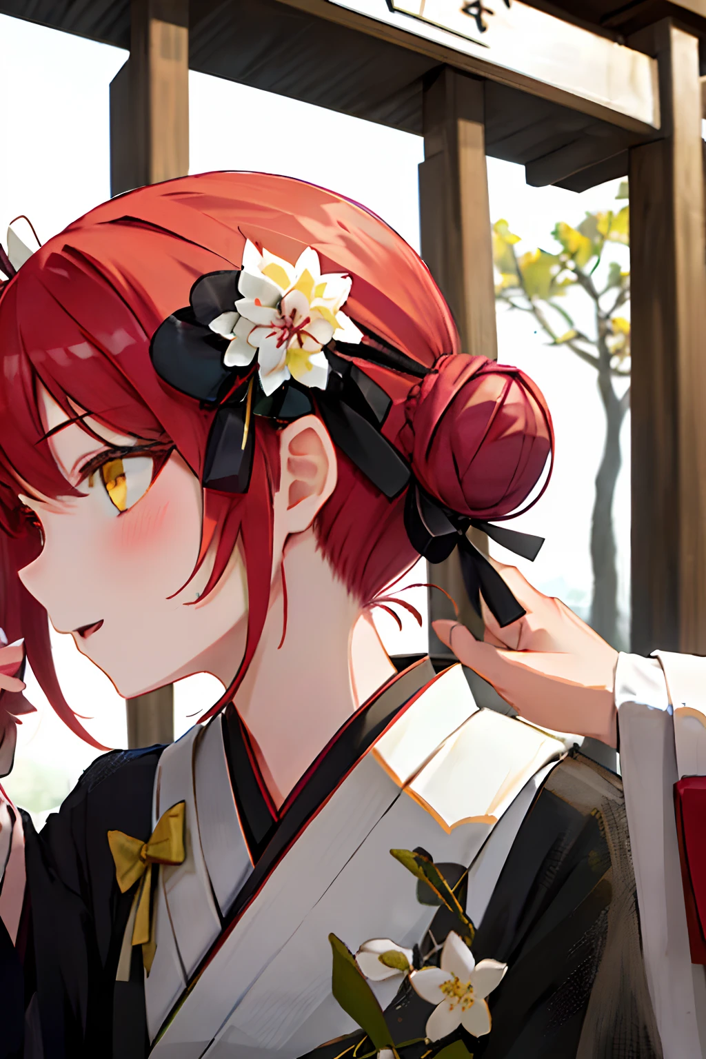 ((masterpiece,best quality)),2girls, black kimono, black legwear, black ribbon, black hair, cherry blossoms, day, flower, hair bun, hair ribbon, japanese clothes, kimono, long hair, looking at viewer, looking back, multiple girls, obi, outdoors, red eyes, red hair, ribbon, sandals, single hair bun, stairs, standing, statue, torii, tree, white kimono, yellow eyes