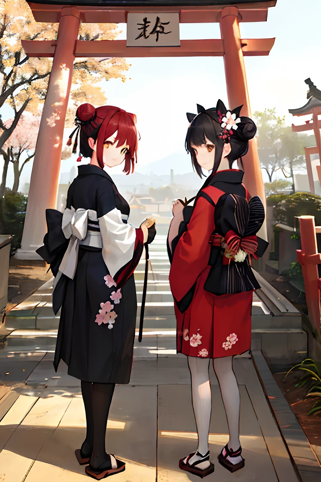 ((masterpiece,best quality)),2girls, black kimono, black legwear, black ribbon, black hair, cherry blossoms, day, flower, hair bun, hair ribbon, japanese clothes, kimono, long hair, looking at viewer, looking back, multiple girls, obi, outdoors, red eyes, red hair, ribbon, sandals, single hair bun, stairs, standing, statue, torii, tree, white kimono, yellow eyes