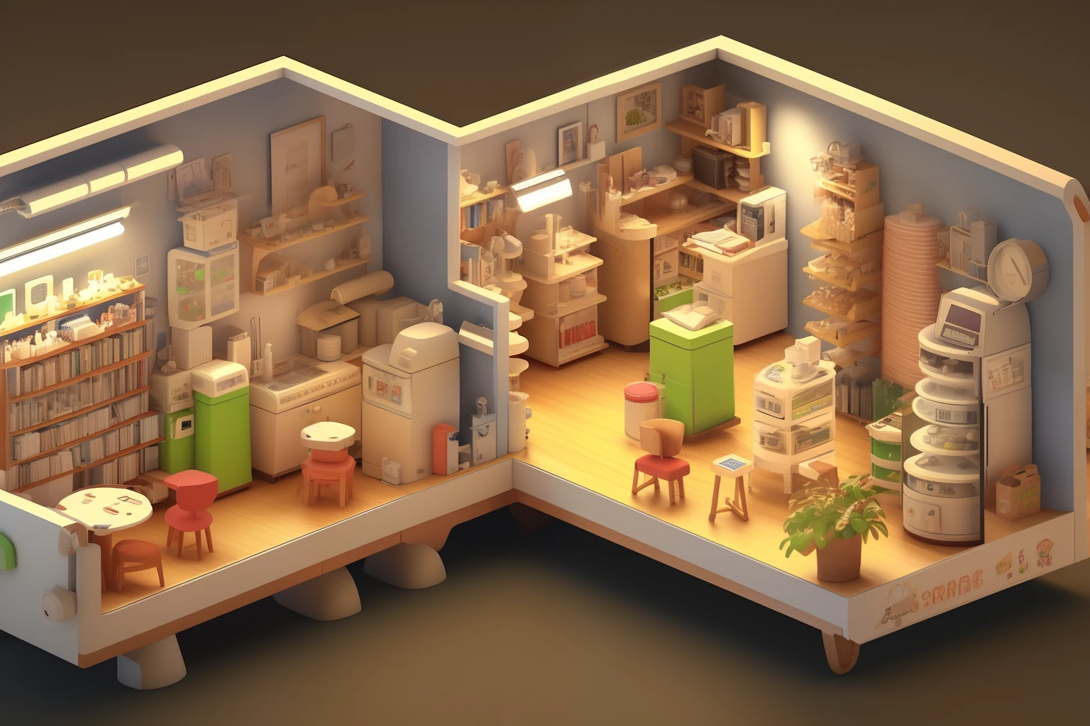 3d, soft light, tree house, indoors, Convenience store, chipmunk, cute
