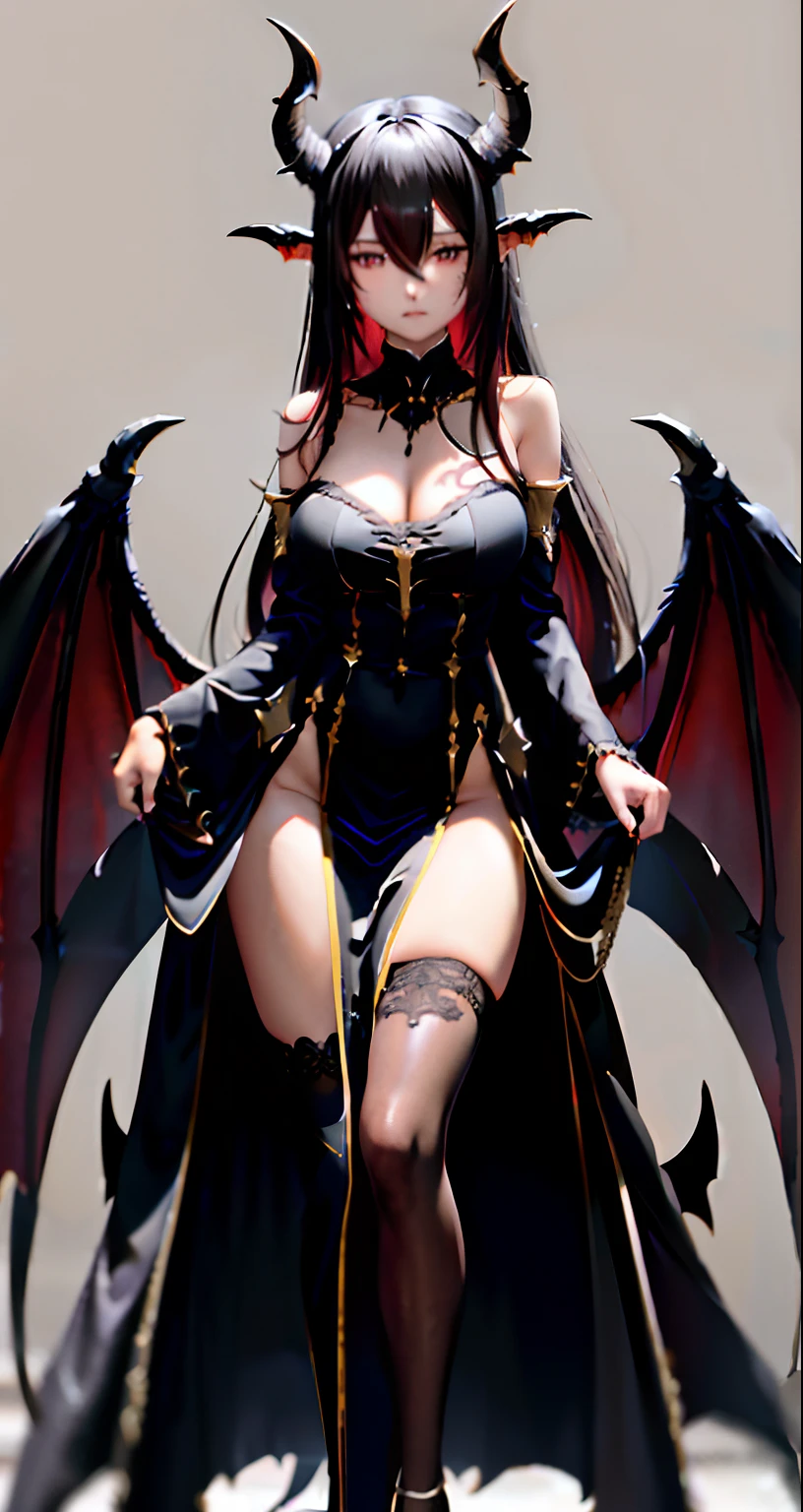 (8k, best quality, masterpiece:1.2),highres, original, extremely detailed wallpaper,1girl,solo,Red hair, yellow eyes,(long loose black revealing dress:1.1),bare shoulders,Black sleeve,looking at viewer,wings, thighhighs, tail, large breasts, demon wings,demon tail, bridal gauntlets, blue eyes, demon horns, demon girl,background, very long hair, black thighhighs, bangs, blush, parted lips, thighs,hair between eyes, gloves, sweat, skindentation,(intricate detailed,taut clothes, demon wings,hair ornament :1.2),(mature female:1.1),(detailed), light layer, lustrous skin,