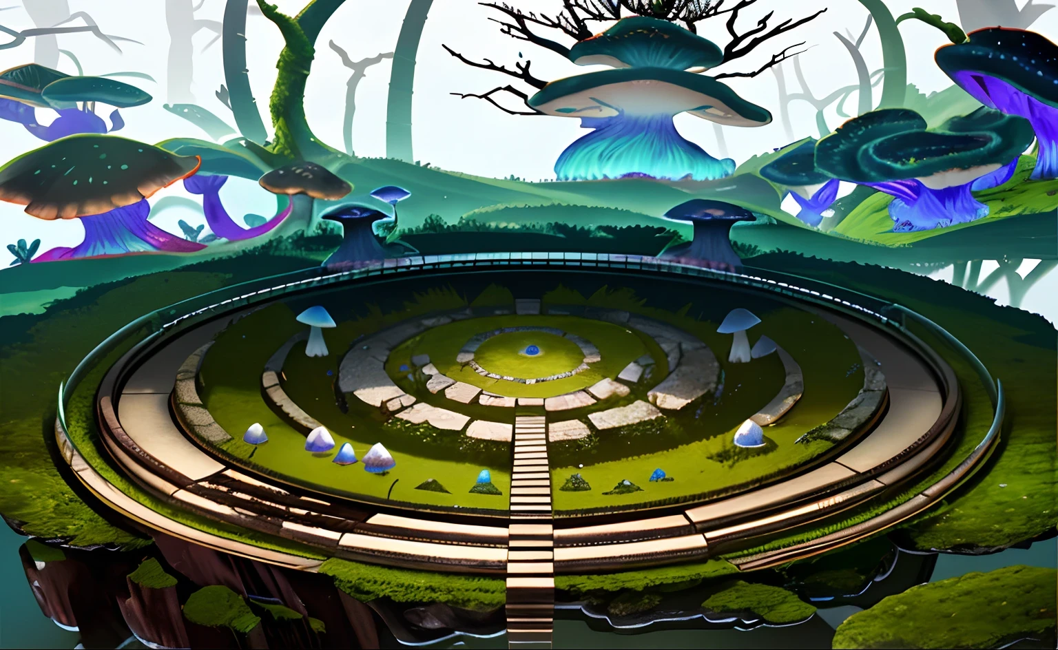 (High quality), (detailed), (fantasy), illustrations, perspective (45 degree top corner), theme (magical forest style), scene elements (animal arena, damaged stone platform, moss, colored mushrooms), image quality (3D rendering effect, exquisite details, soft and top light)
