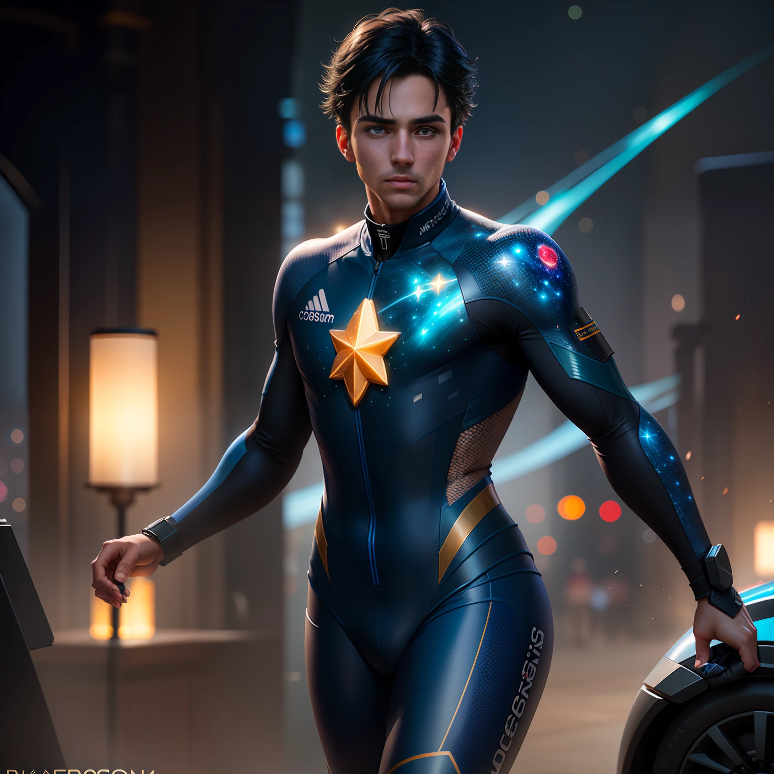 Highly detailed RAW color Photo, young boy, A black-haired male, racer, cold expression, blue racing suit, dynamic pose, , (detailed skin), (detailed lips), (detailed eyes), (cosmic:1.4), (necropolis:1.1), (Sci-Fi setting) (detailed face), (curvy), detailed eyes, chromatic aberration, depth of field, soft lighting, masterpiece, best quality, intricate, (lens flare:0.7), (bloom:0.7), particle effects, raytracing, tone mapped, highly detailed, concept art, smooth, sharp focus, dramatic lighting, highly detailed artwork, cinematic, hyper realistic painting, trending on Artstation, 8K, incredible shadows, realistic, (highly detailed background:1.2), art by midjourney