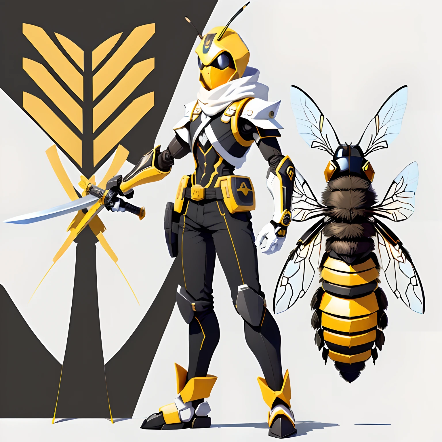 Simple background, white background,solo, (simple background, white background:1.3), Masterpiece, Best Quality, 1 boy, Battle,Pointy-footed carpenter bee,(bee anthropomorphic), male, light spotted, black, Katana, robot arm, Long hair,flat color, colorful, animated, game character design, concept design, figure, character, high detail,