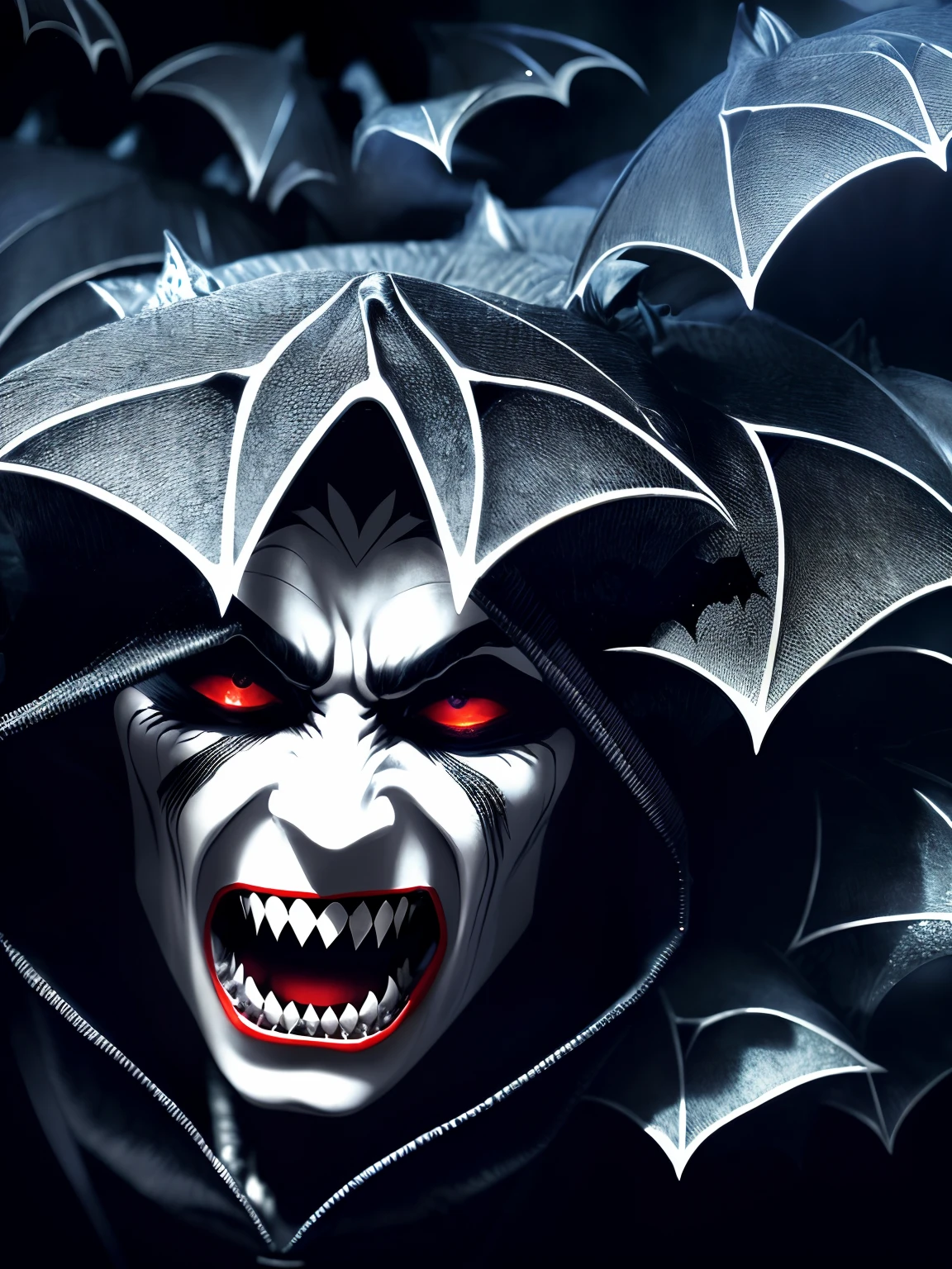 (Extremely detailed 8k wallpaper), a mid shot photo of a terrifying vampire surrounded by bats, complex, highly detailed, and dramatic