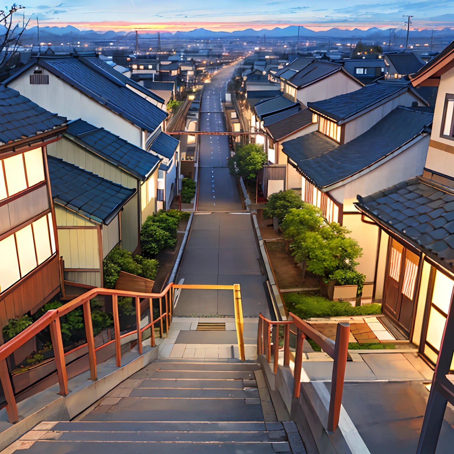 Aerial viewJapanese streets,Dusk,Traffic lights,Overpass,Cherry Blossoms,Stairs,
