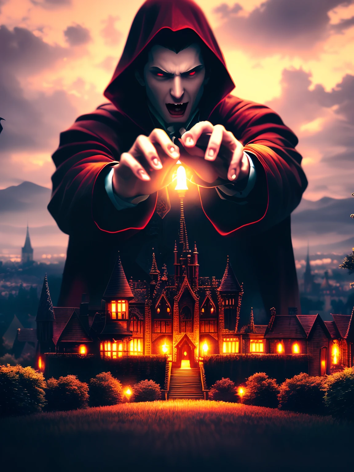 (Extremely detailed 8k wallpaper), learning reference image, a vampire reaching out to build a manor, complex, highly detailed, dramatic