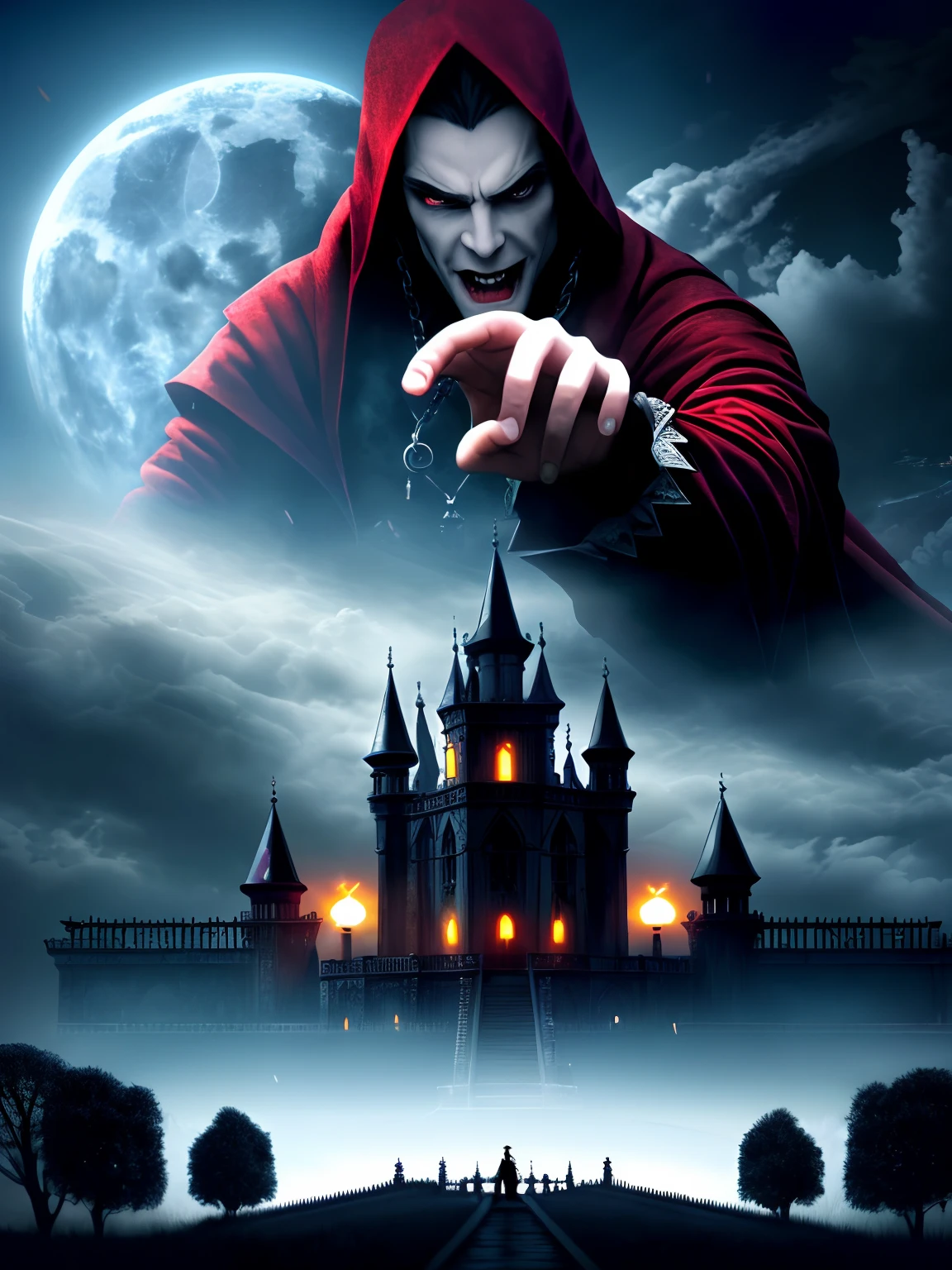 (Extremely detailed 8k wallpaper), learning reference image, a vampire reaching out to build a manor, complex, highly detailed, dramatic