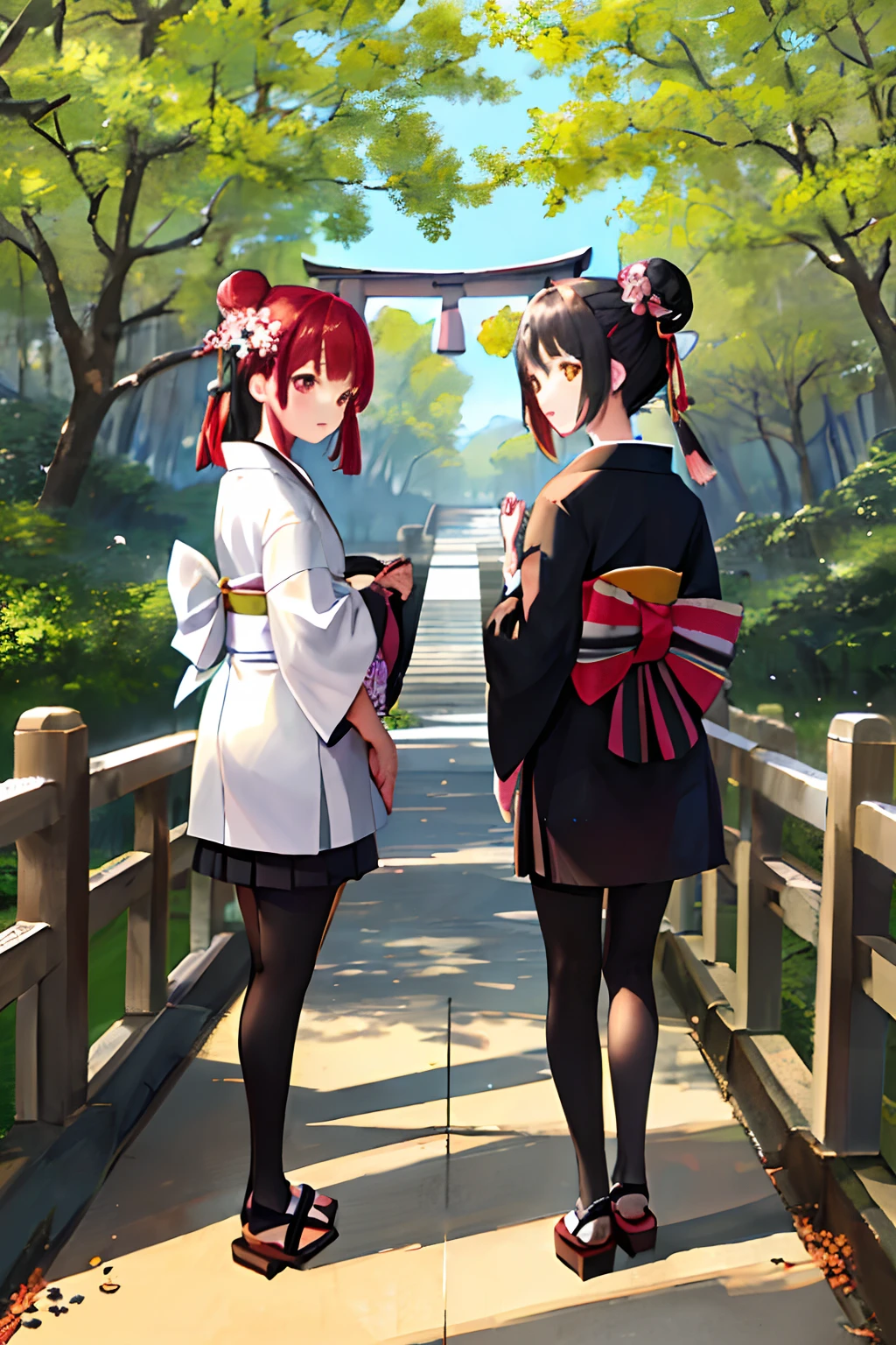 ((masterpiece,best quality)),2girls, black kimono, black legwear, black ribbon, black hair, cherry blossoms, day, flower, hair bun, hair ribbon, japanese clothes, kimono, long hair, looking at viewer, looking back, multiple girls, obi, outdoors, red eyes, red hair, ribbon, sandals, single hair bun, stairs, standing, statue, torii, tree, white kimono, yellow eyes