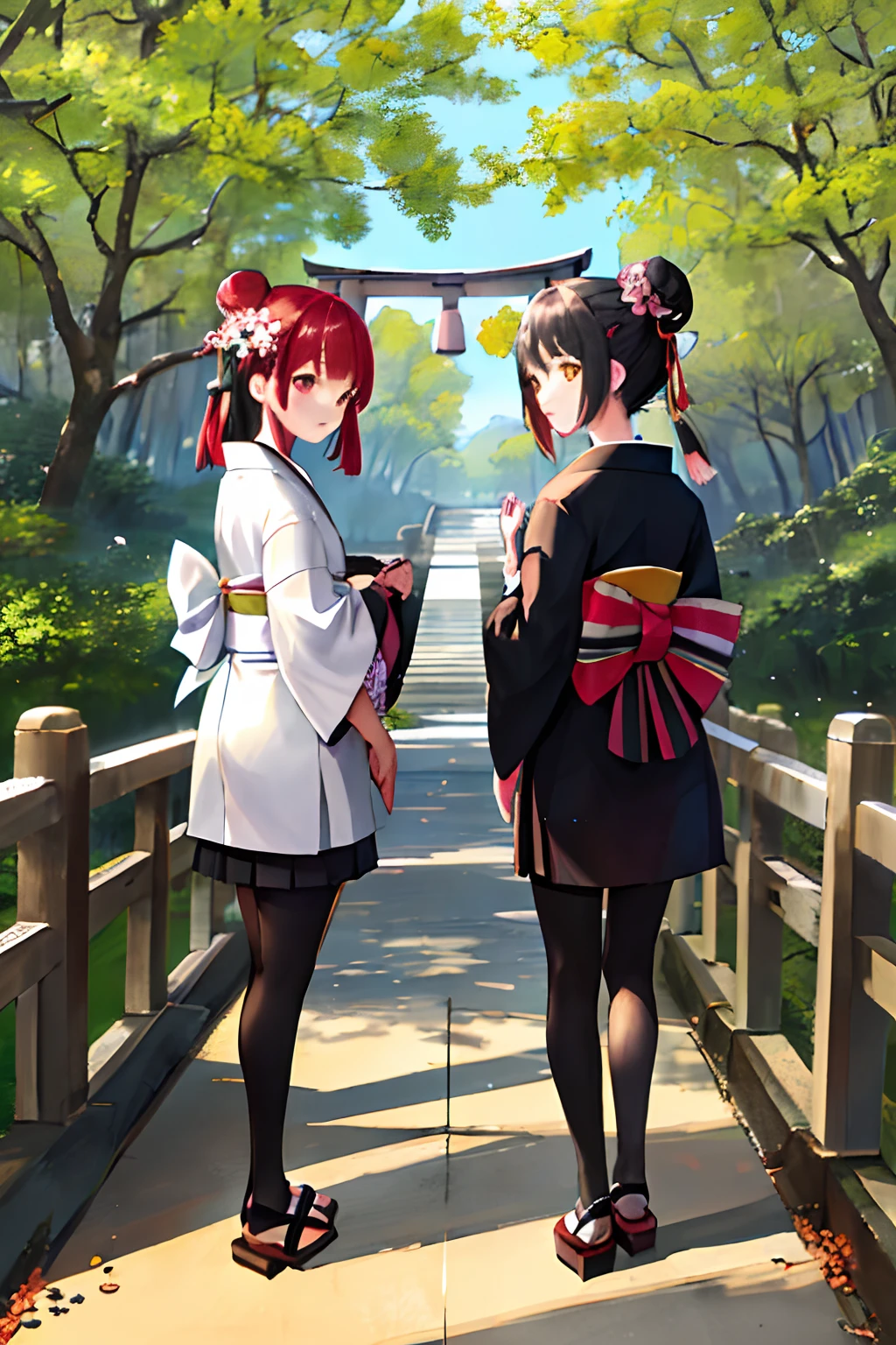 ((masterpiece,best quality)),2girls, black kimono, black legwear, black ribbon, black hair, cherry blossoms, day, flower, hair bun, hair ribbon, japanese clothes, kimono, long hair, looking at viewer, looking back, multiple girls, obi, outdoors, red eyes, red hair, ribbon, sandals, single hair bun, stairs, standing, statue, torii, tree, white kimono, yellow eyes