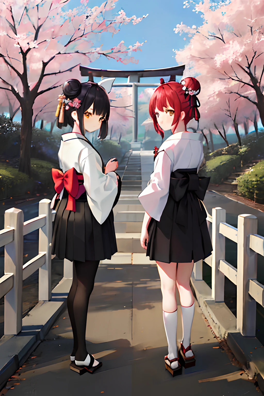 ((masterpiece,best quality)),2girls, black kimono, black legwear, black ribbon, black hair, cherry blossoms, day, flower, hair bun, hair ribbon, japanese clothes, kimono, long hair, looking at viewer, looking back, multiple girls, obi, outdoors, red eyes, red hair, ribbon, sandals, single hair bun, stairs, standing, statue, torii, tree, white kimono, yellow eyes