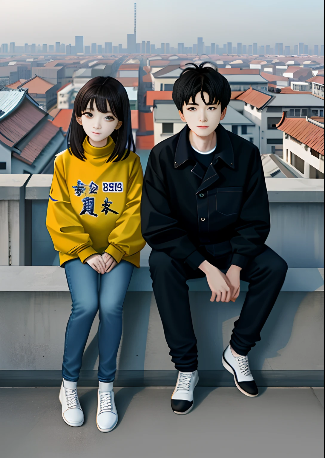 A pair of young Chinese lovers, wearing jackets and jeans, sitting on the roof, the background is Beijing in the 1990s, and the opposite building can be seen;