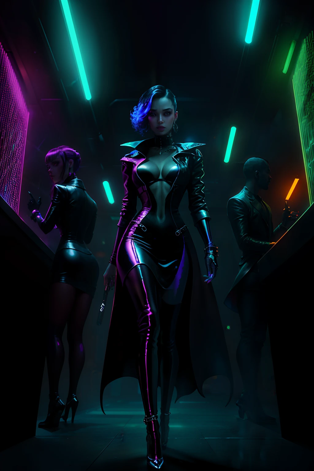 masterpiece, highest quality, solo focus,a seductive woman in a smoky, dimly-lit cyberpunk bar sits on a plush chair, her legs crossed and encased in shiny black stilettos. She exudes a dangerous aura, her piercing gaze and tight leather outfit leaving little to the imagination. Behind her, a group of shadowy figures huddle around a glowing holographic screen, discussing their latest underworld schemes. The atmosphere is electric and tense, the colors and textures a mix of neon pinks, deep blues, and metallic grays, with a gritty and futuristic vibe. Rendered in the style of Blade Runner by Denis Villeneuve.